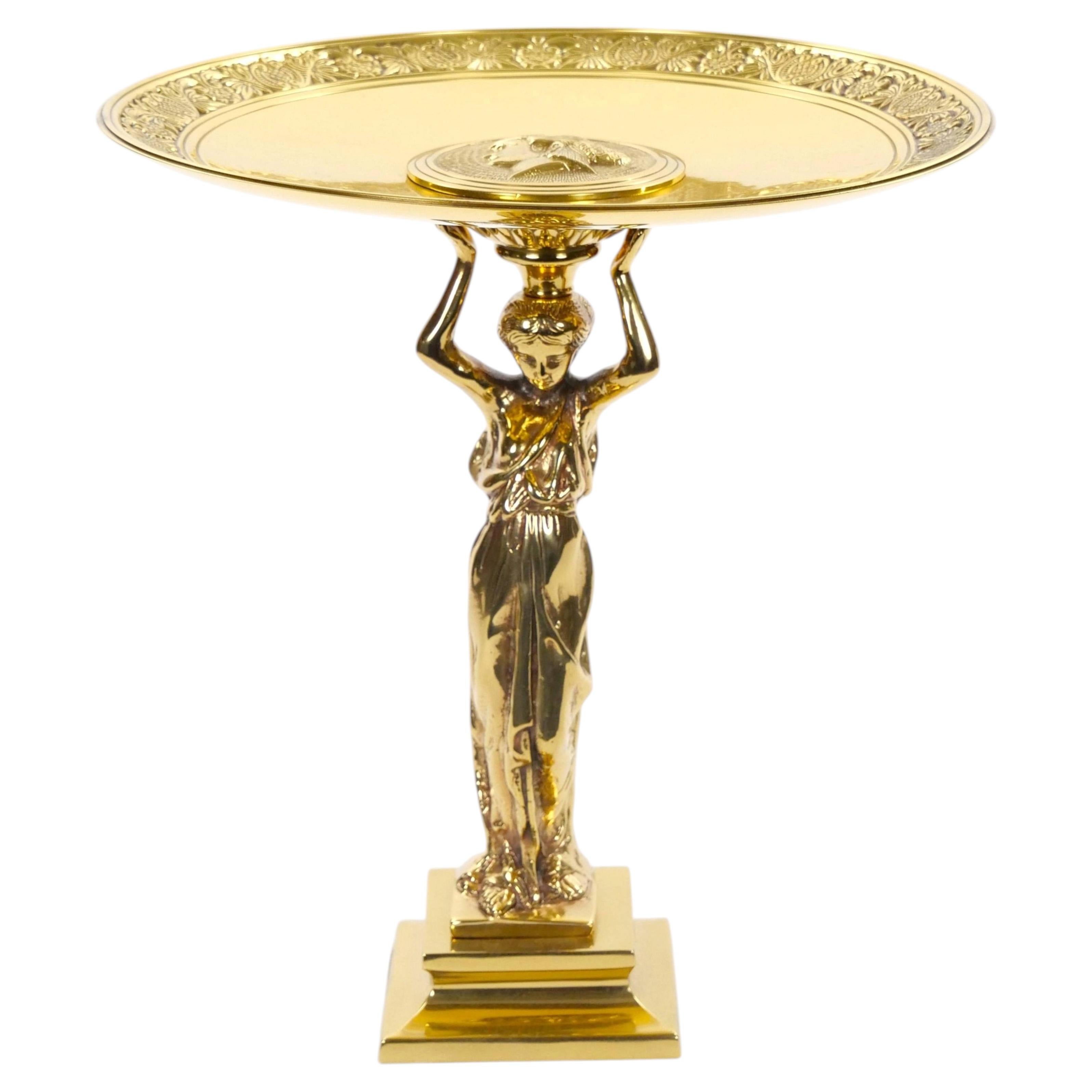 French 20th Century Classical Brass Maiden Figural Centerpiece with Relief Medal For Sale
