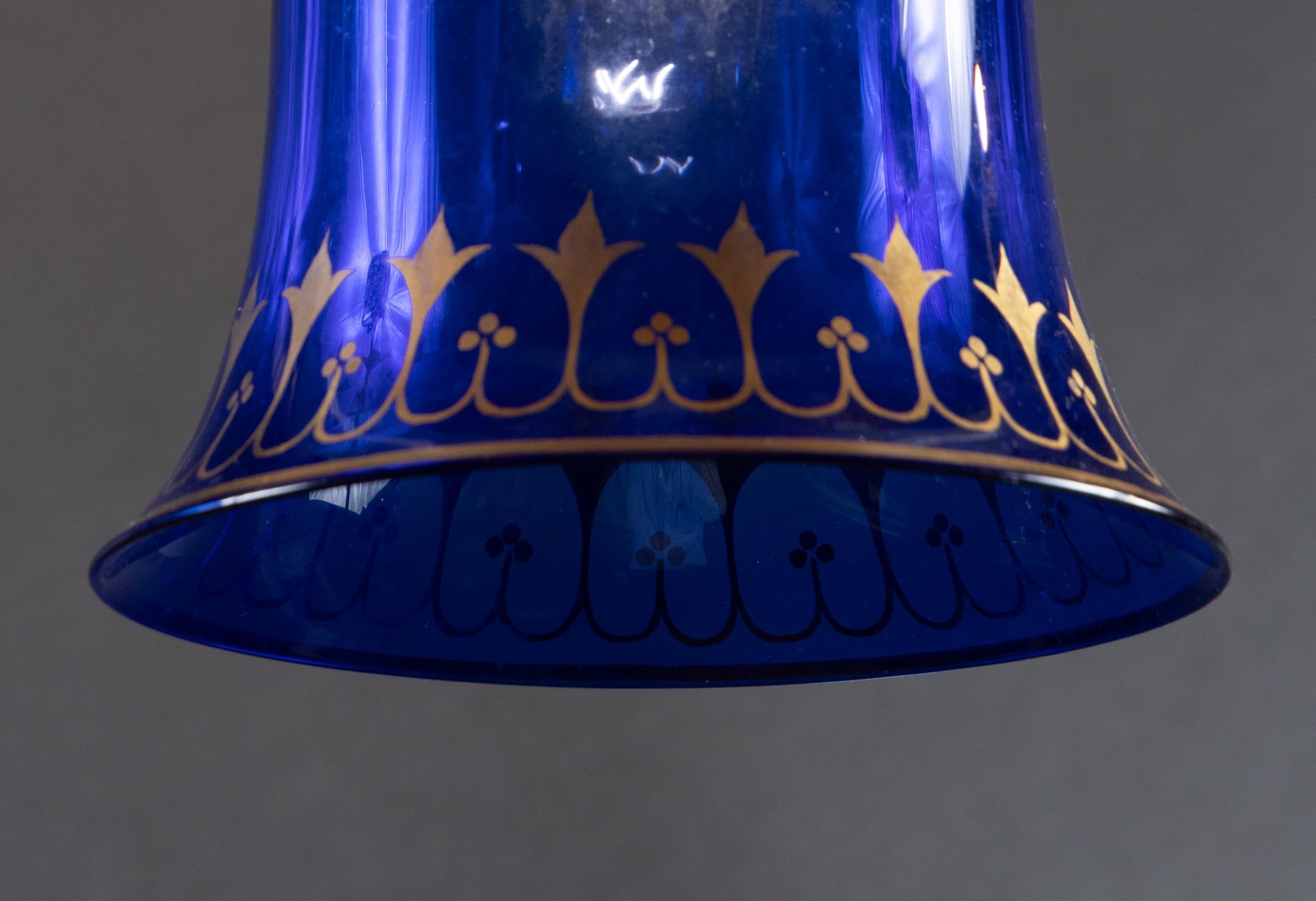 French 20th Century Bell shaped hanging globe with cobalt blue tinted glass decorated with fine gold etching.

