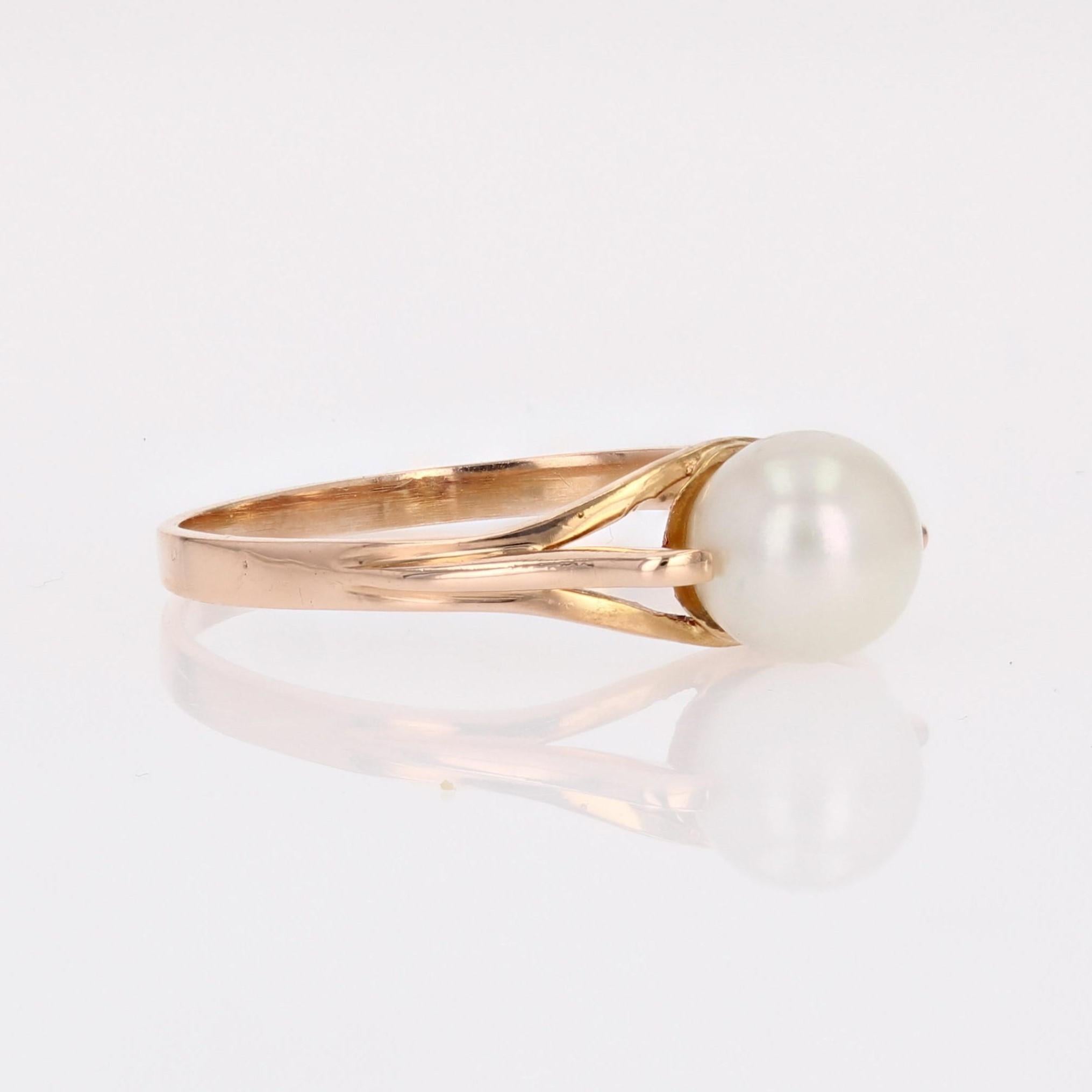 Bague solitaire française du 20ème siècle en or rose 18 carats et perles de culture Bon état - En vente à Poitiers, FR