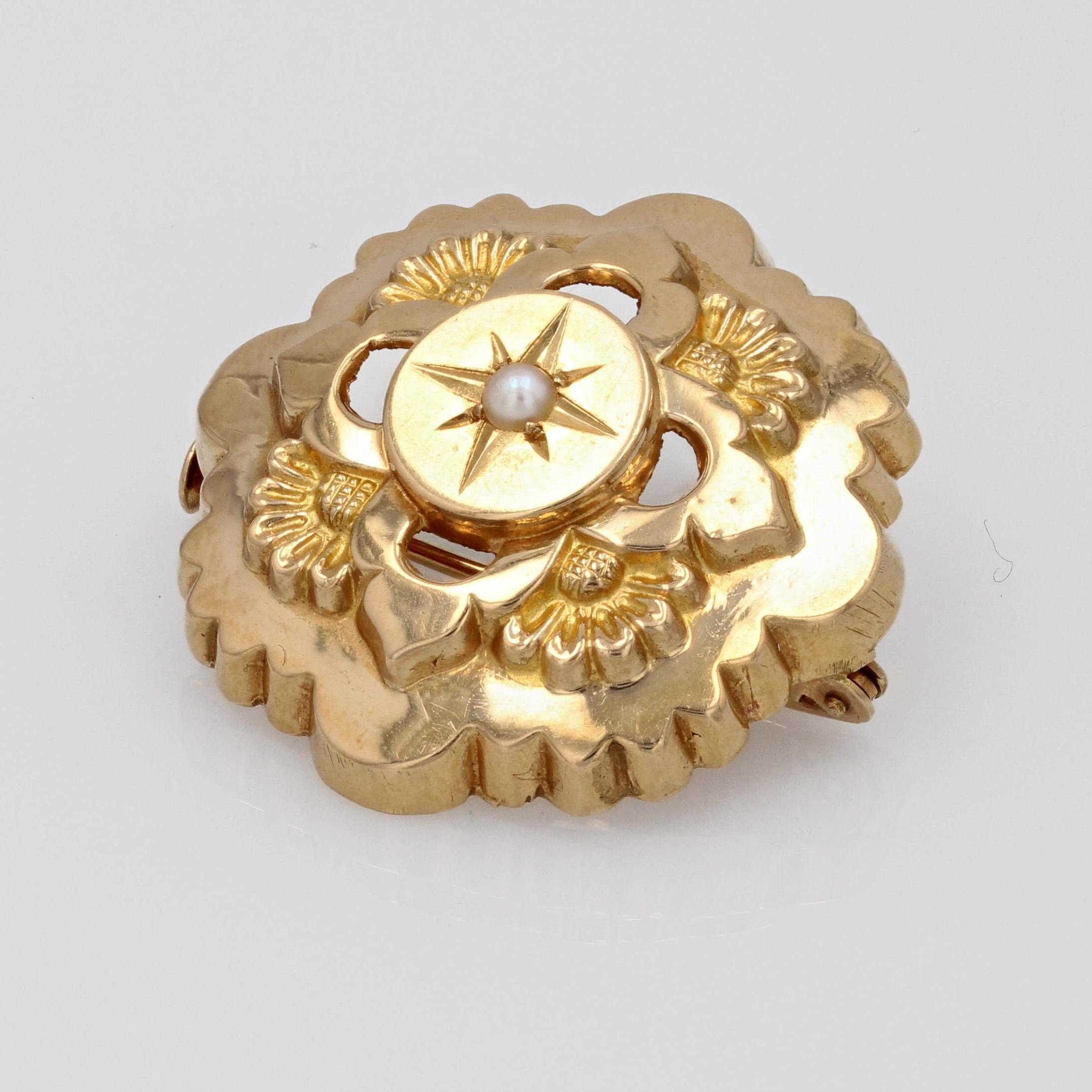 Perle Broche collier français du 20ème siècle en or jaune 18 carats et perles de culture en vente
