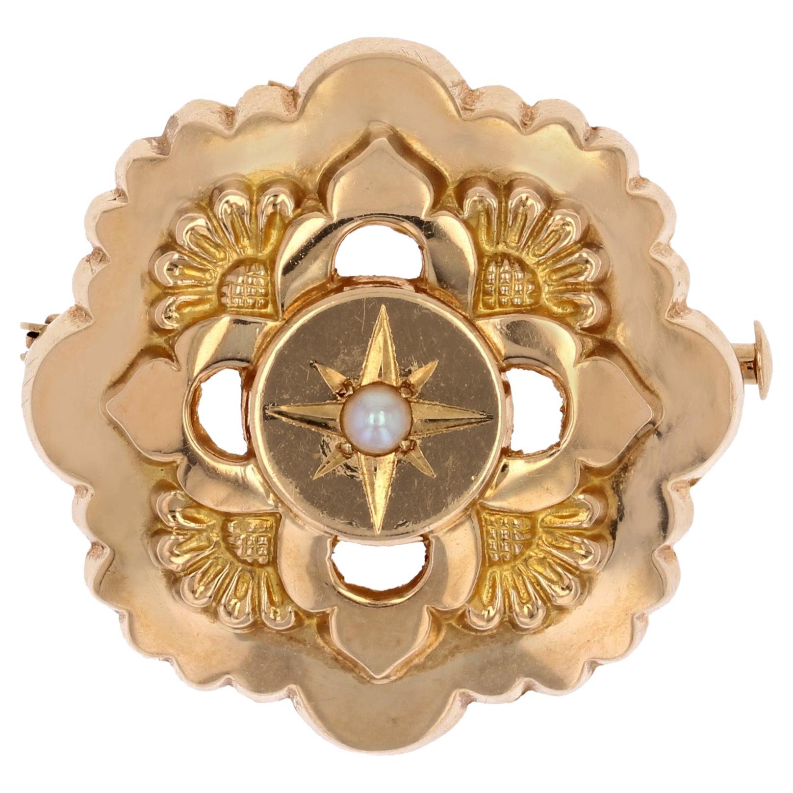 Broche collier français du 20ème siècle en or jaune 18 carats et perles de culture en vente