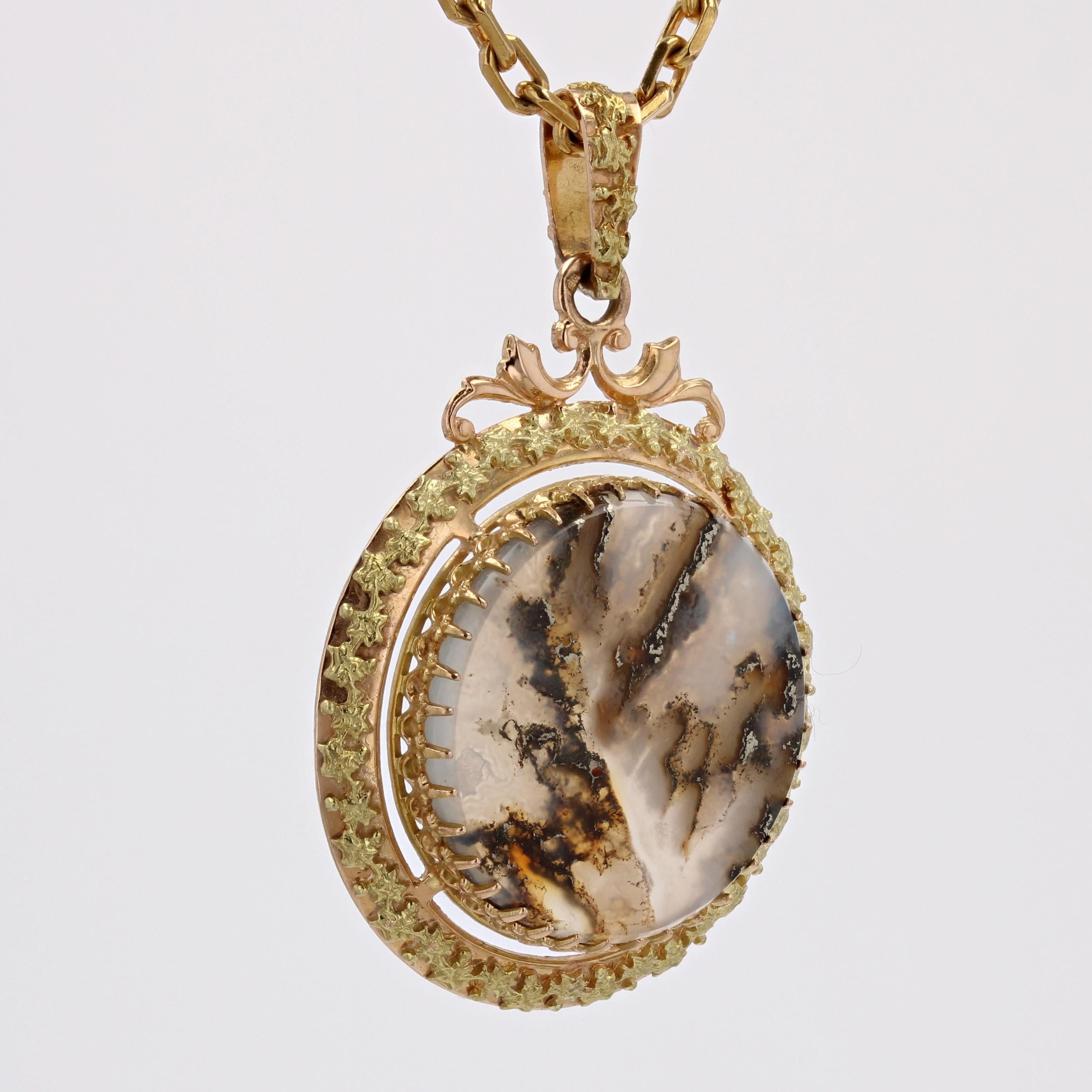 French 20th Century Dendritic Agate 18 Karat Rose Green Gold Pendant In Excellent Condition For Sale In Poitiers, FR