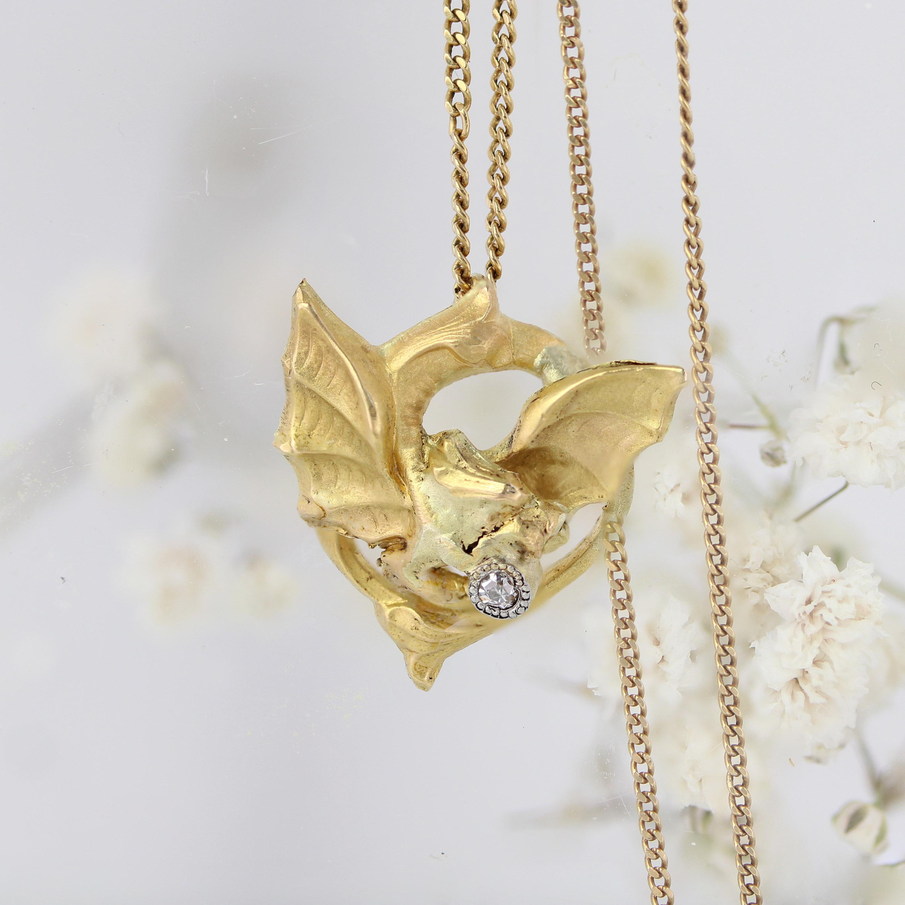 Napoleon III French 20th Century Diamond 18 Karat Yellow Gold Chimera Pendant Chain Necklace For Sale