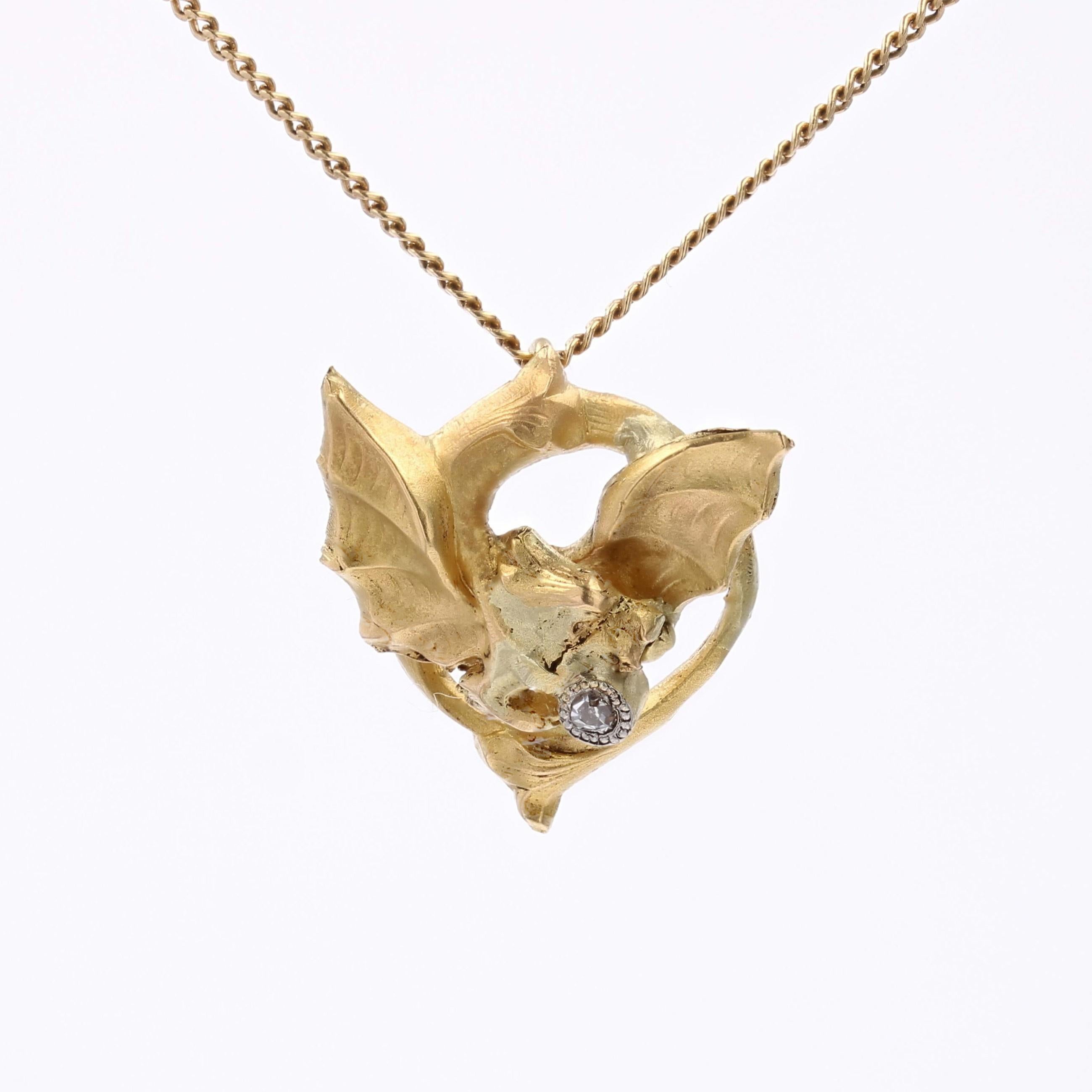 French 20th Century Diamond 18 Karat Yellow Gold Chimera Pendant Chain Necklace In Good Condition For Sale In Poitiers, FR