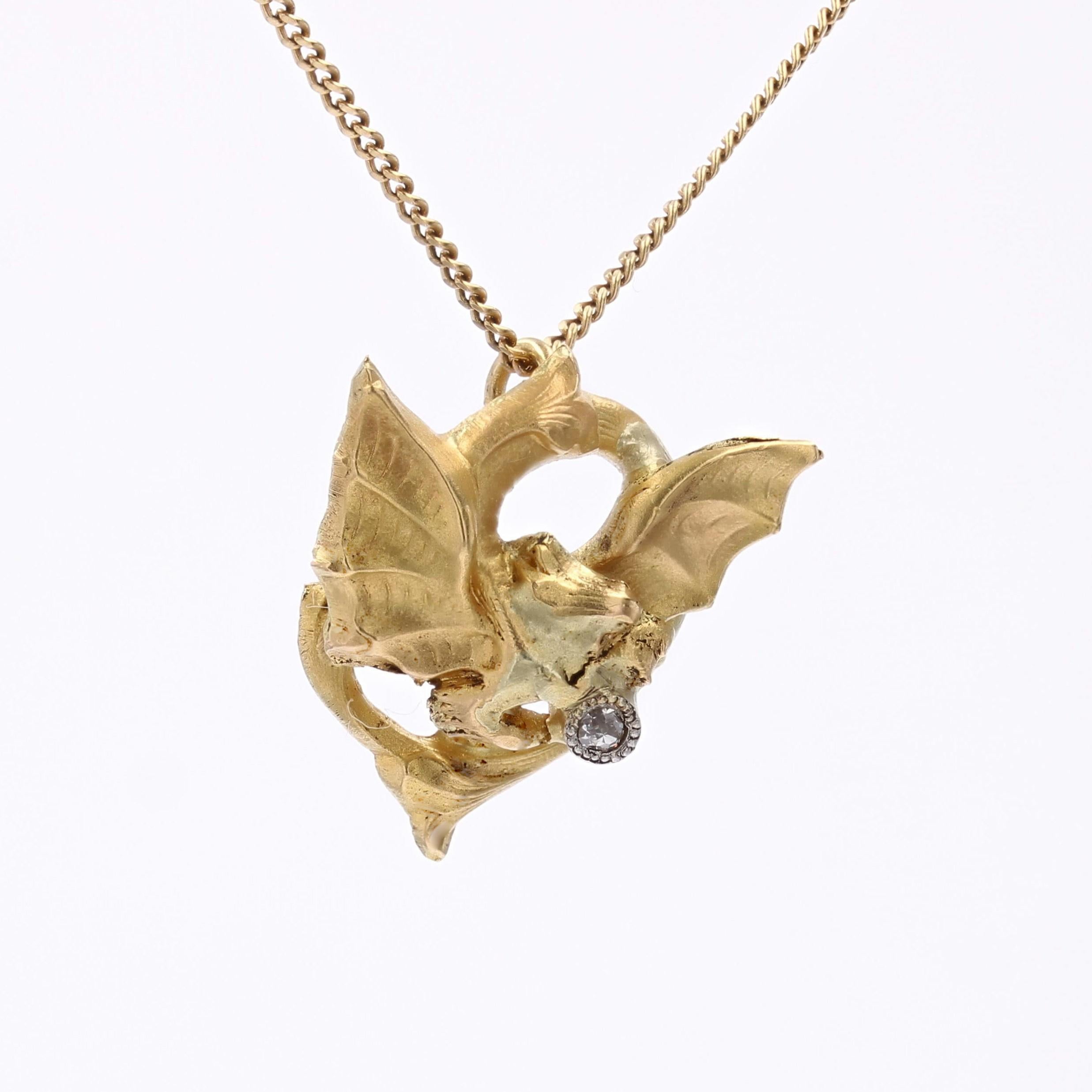 Women's French 20th Century Diamond 18 Karat Yellow Gold Chimera Pendant Chain Necklace For Sale