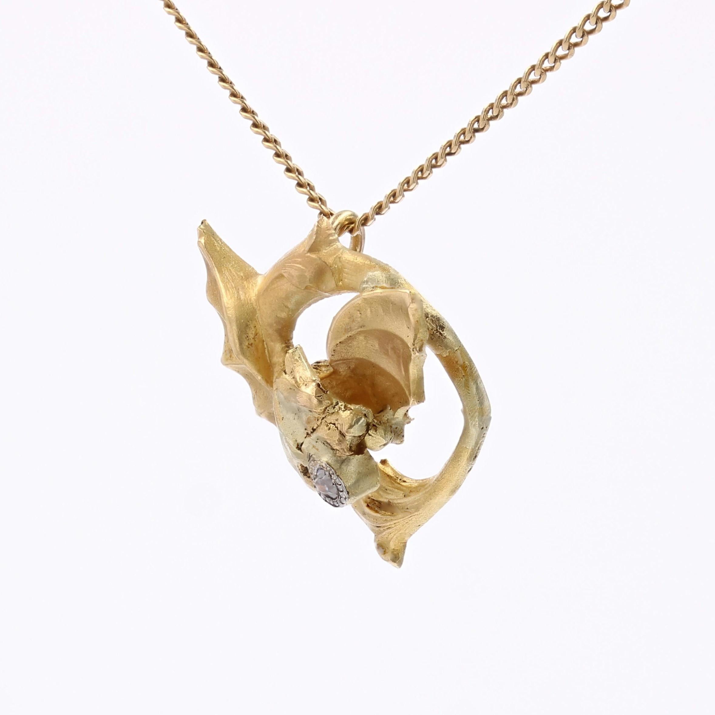 French 20th Century Diamond 18 Karat Yellow Gold Chimera Pendant Chain Necklace For Sale 1