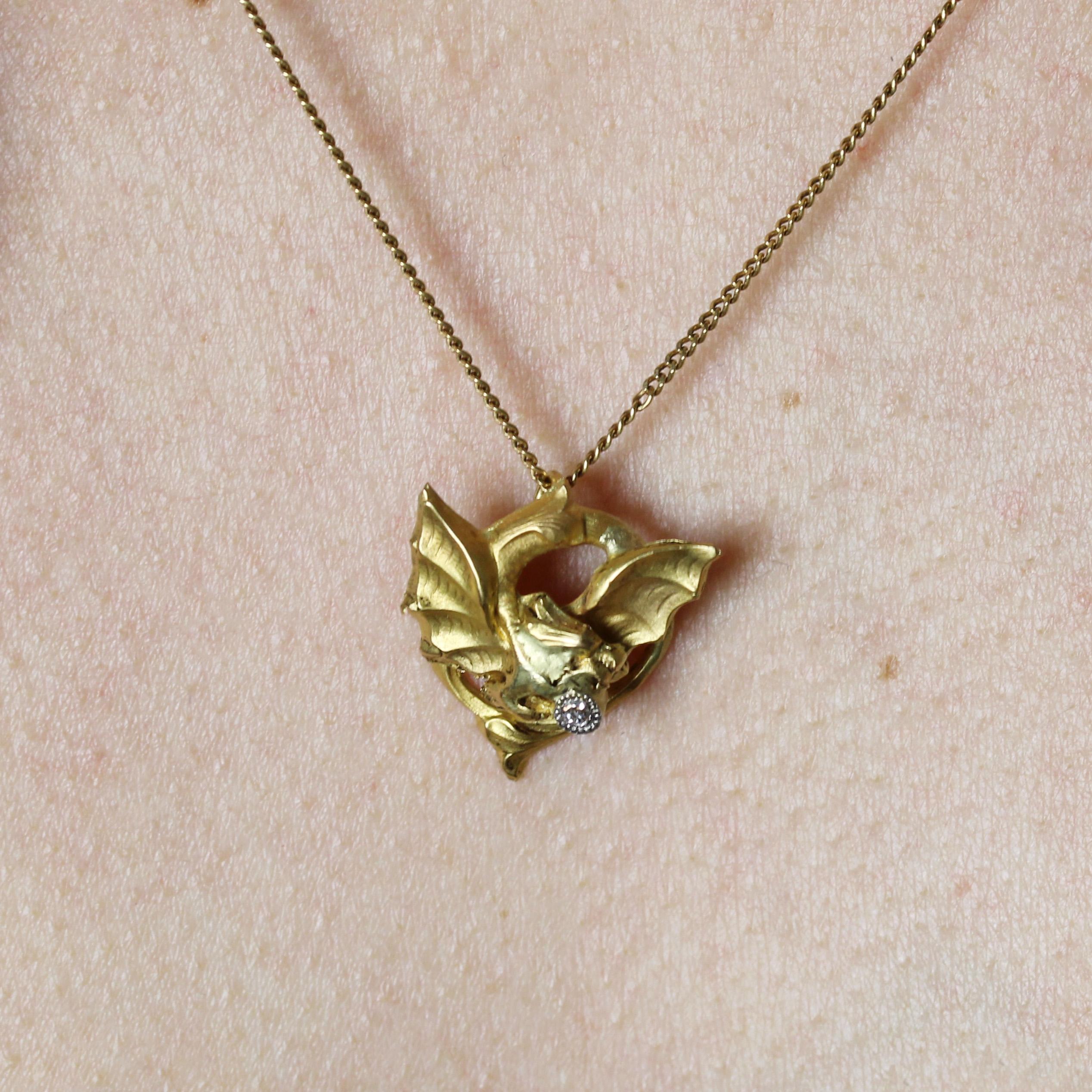 French 20th Century Diamond 18 Karat Yellow Gold Chimera Pendant Chain Necklace For Sale 3