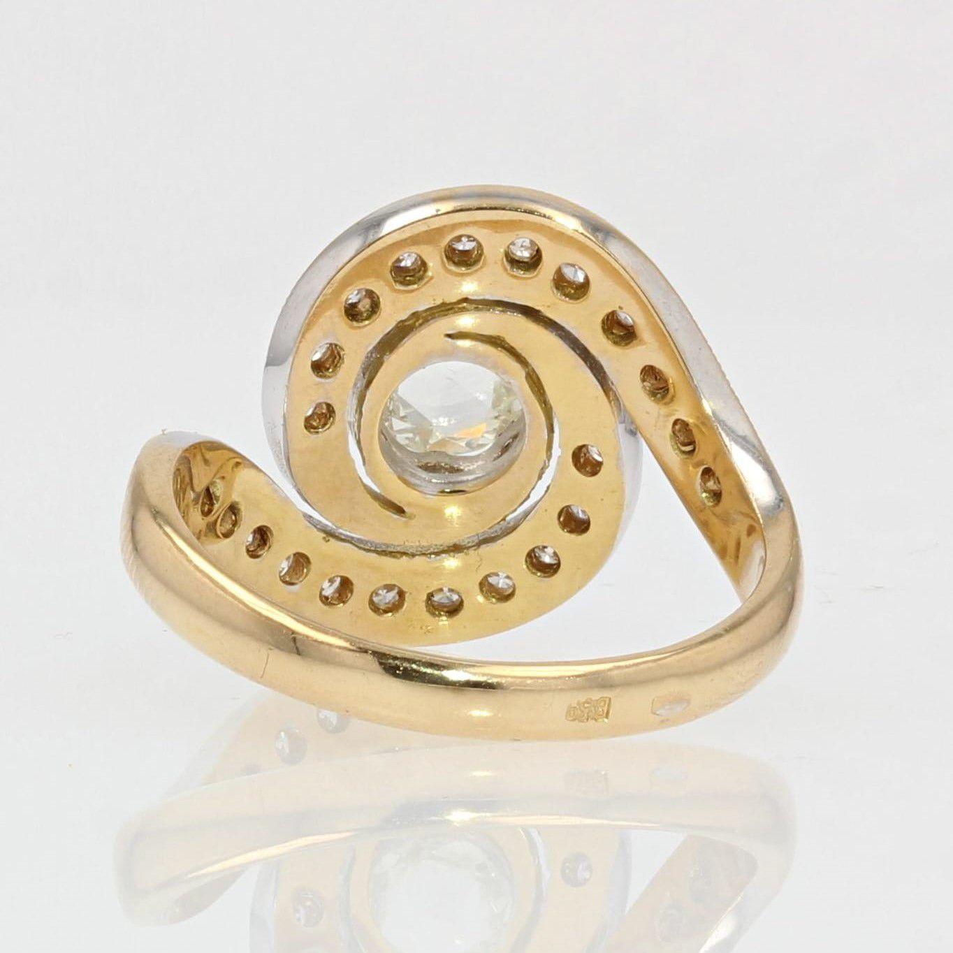 French 20th Century Diamond 18 Karat Yellow White Gold Swirl Ring 3