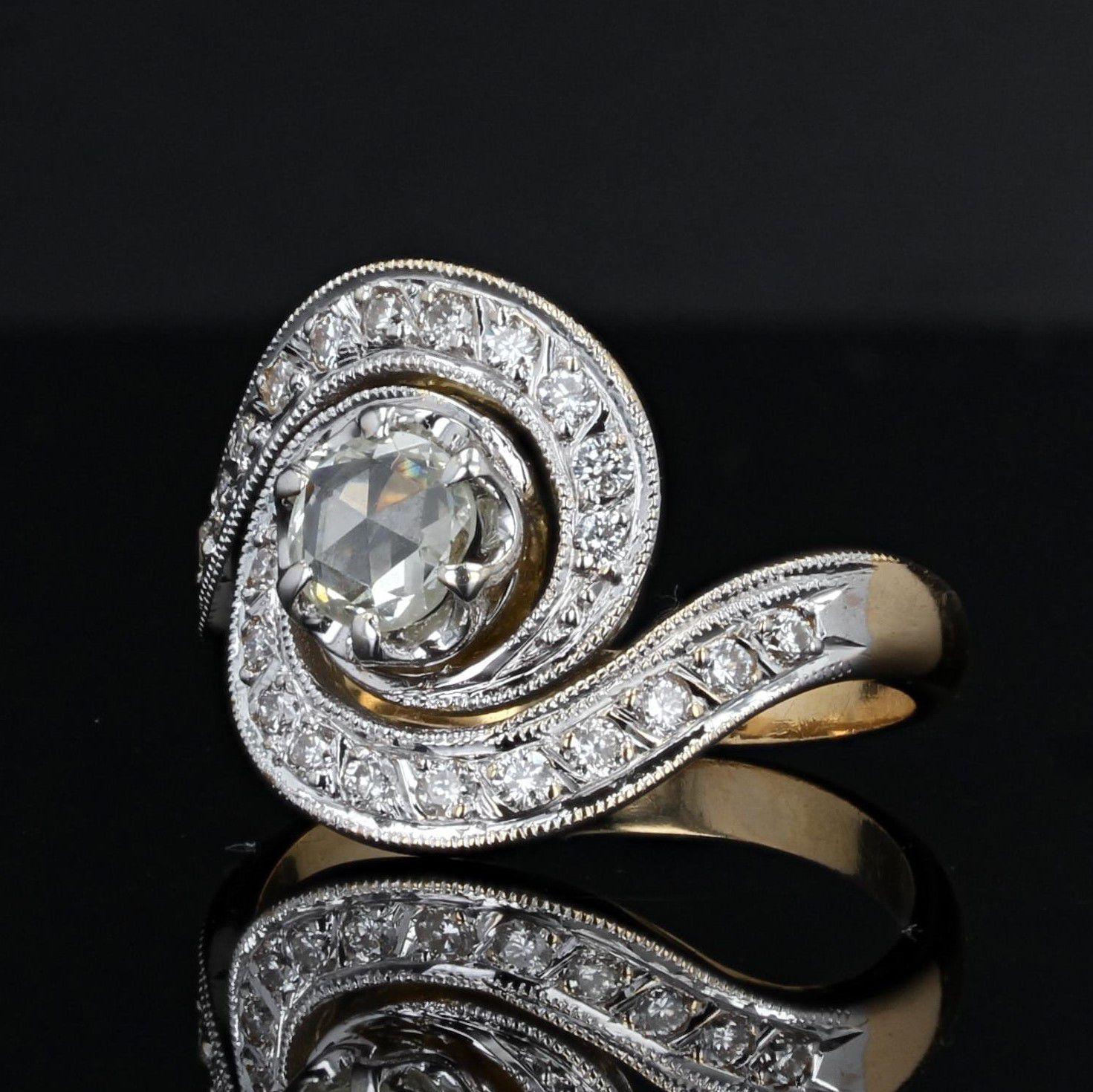 Belle Époque French 20th Century Diamond 18 Karat Yellow White Gold Swirl Ring