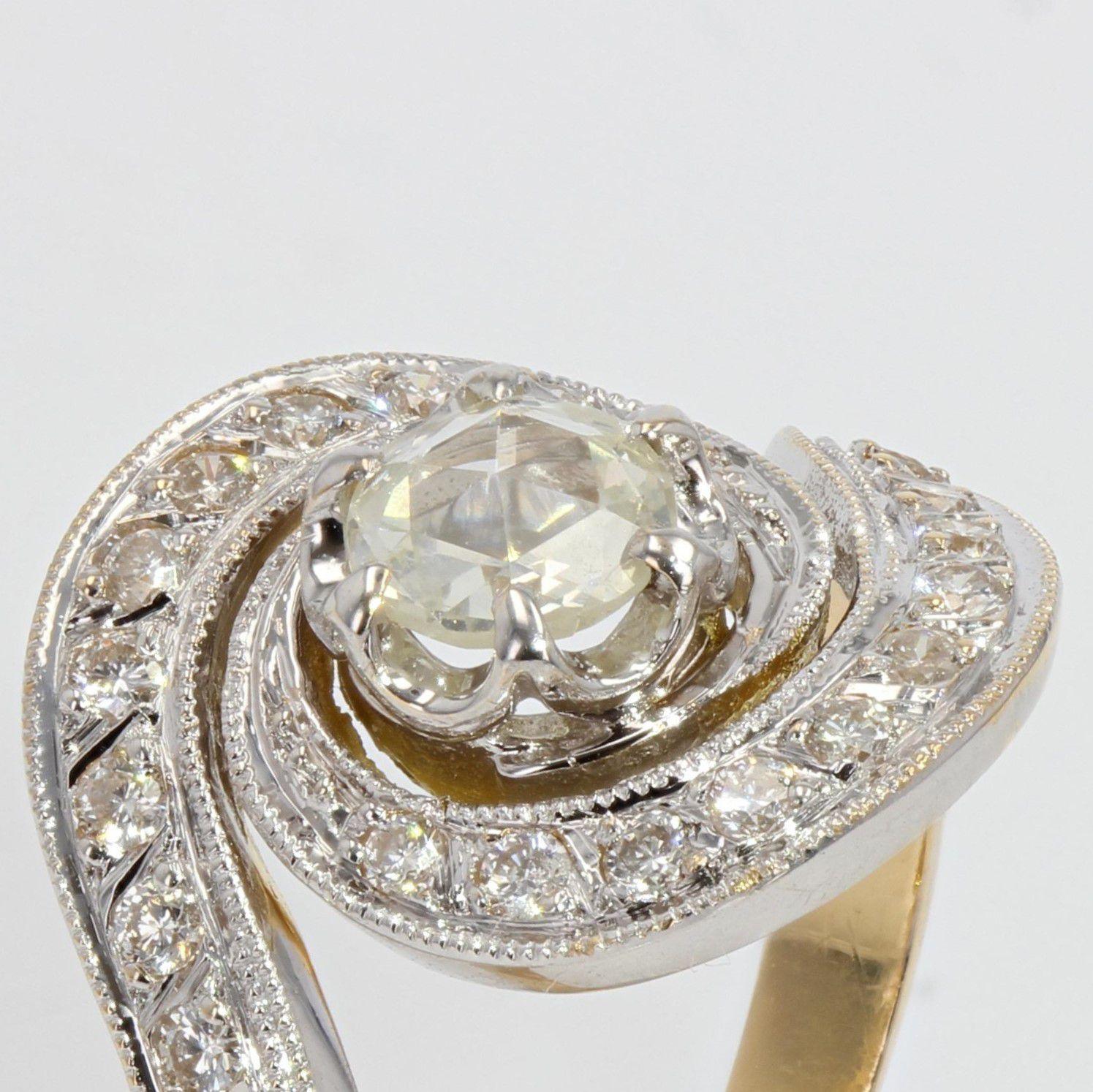 Women's French 20th Century Diamond 18 Karat Yellow White Gold Swirl Ring