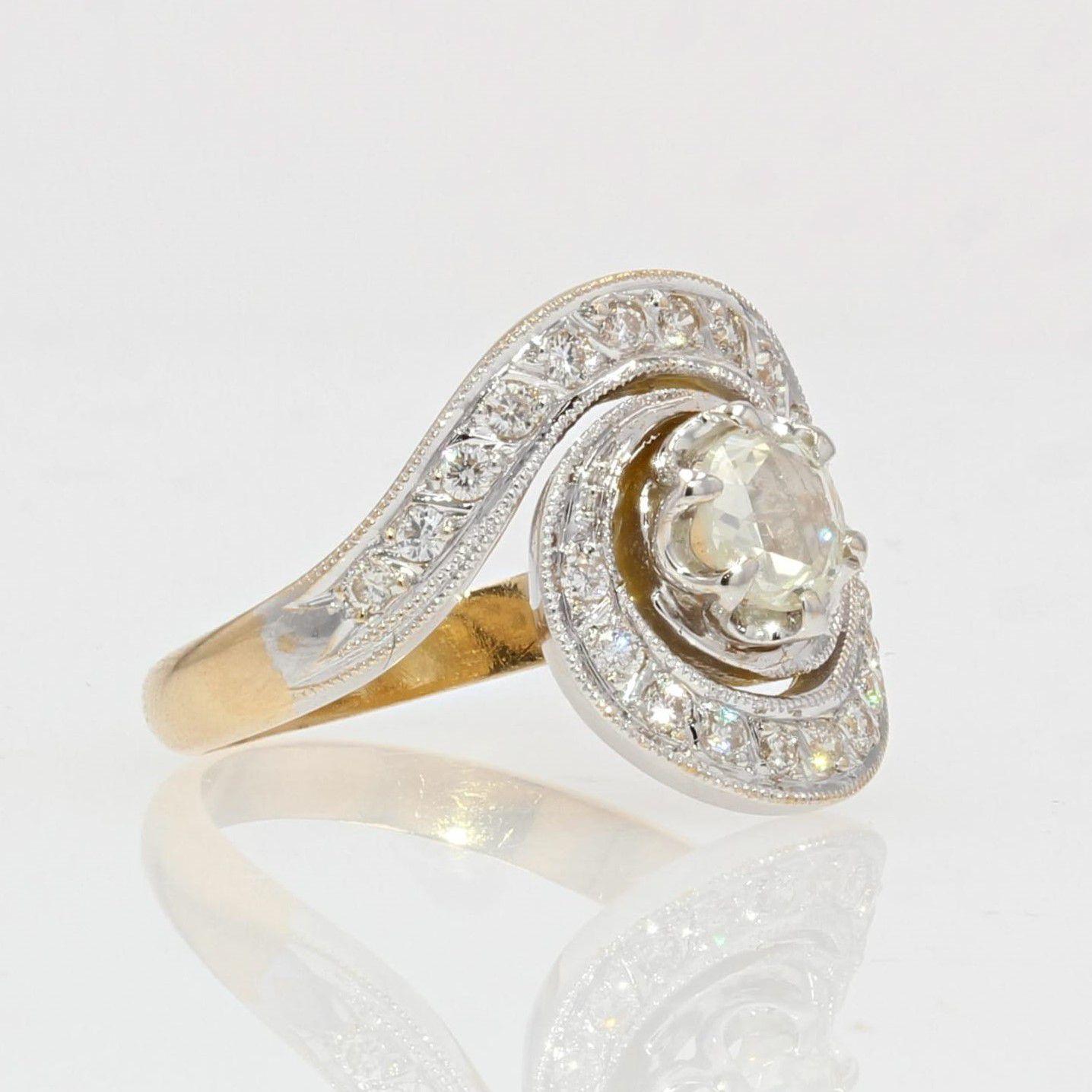 French 20th Century Diamond 18 Karat Yellow White Gold Swirl Ring 1