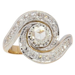 French 20th Century Diamond 18 Karat Yellow White Gold Swirl Ring
