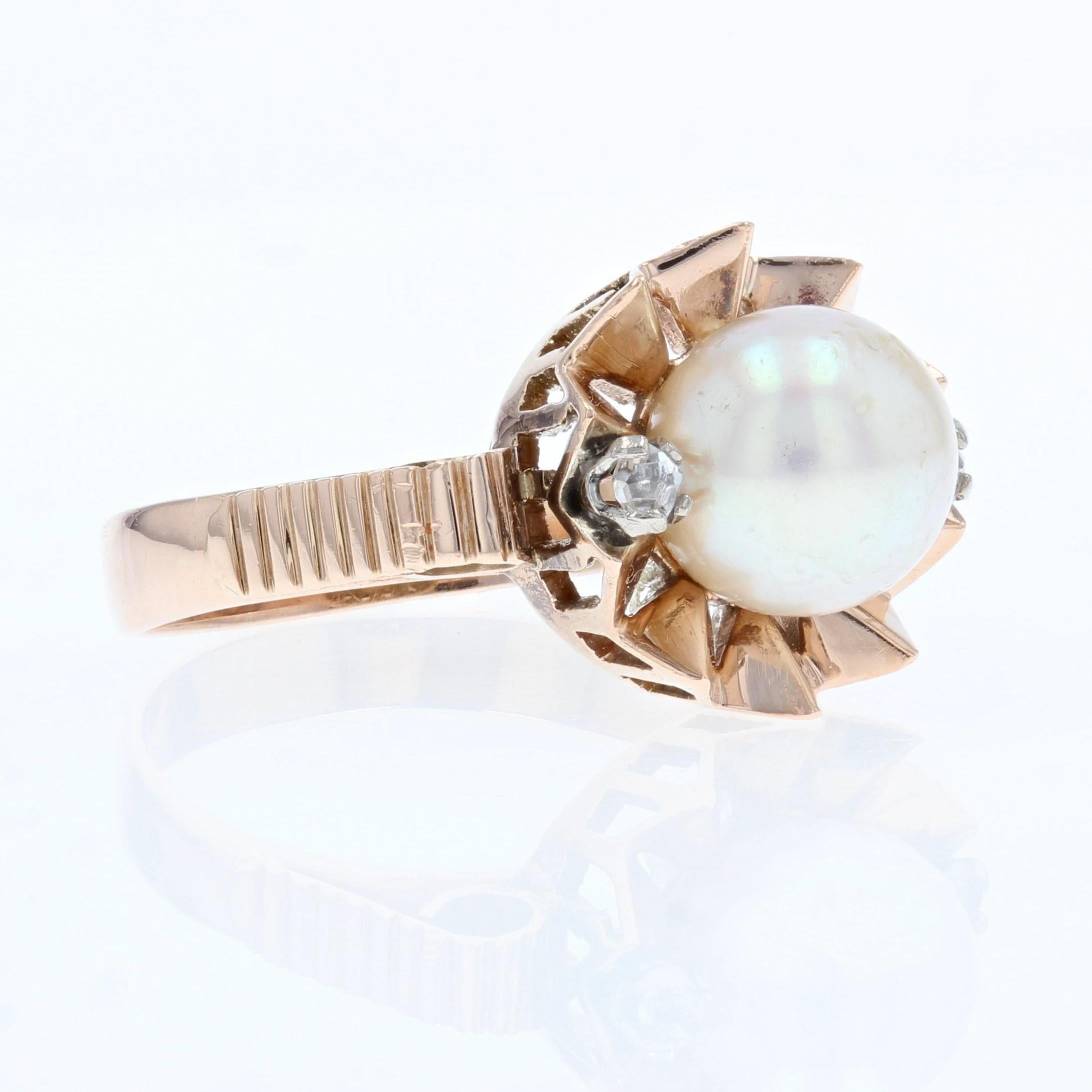 French, 20th Century, Diamond Pearl 18 Karat Rose Gold Crown Ring For Sale 4