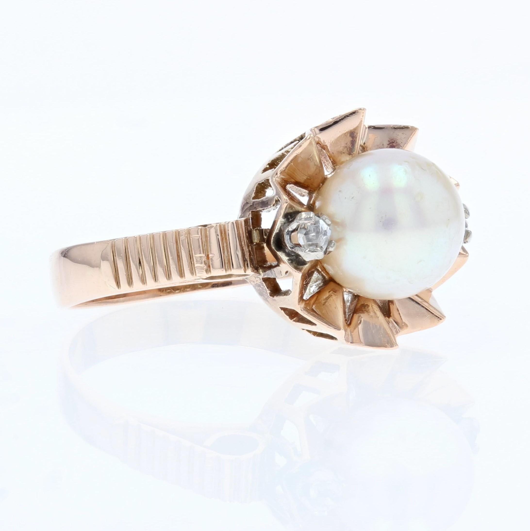 Anello a corona in oro rosa 18 carati con diamante e perla, Francia, 20° secolo in vendita 4