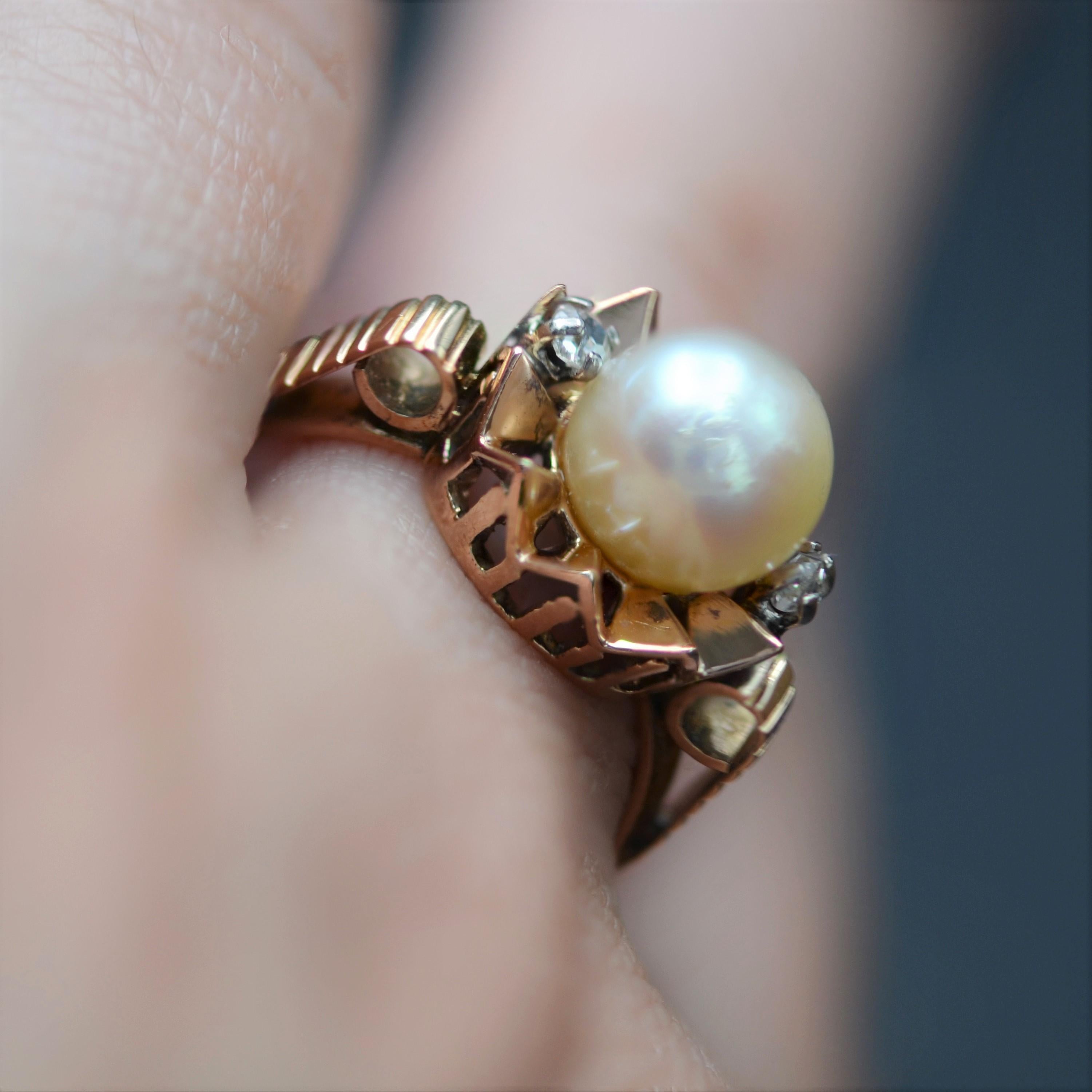 French, 20th Century, Diamond Pearl 18 Karat Rose Gold Crown Ring For Sale 8