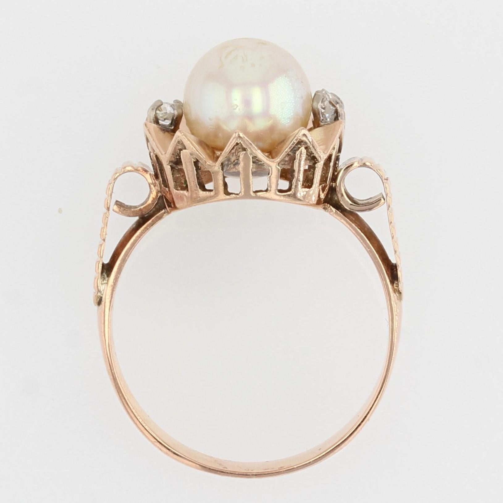 French, 20th Century, Diamond Pearl 18 Karat Rose Gold Crown Ring For Sale 9