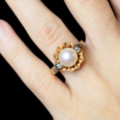 French, 20th Century, Diamond Pearl 18 Karat Rose Gold Crown Ring
