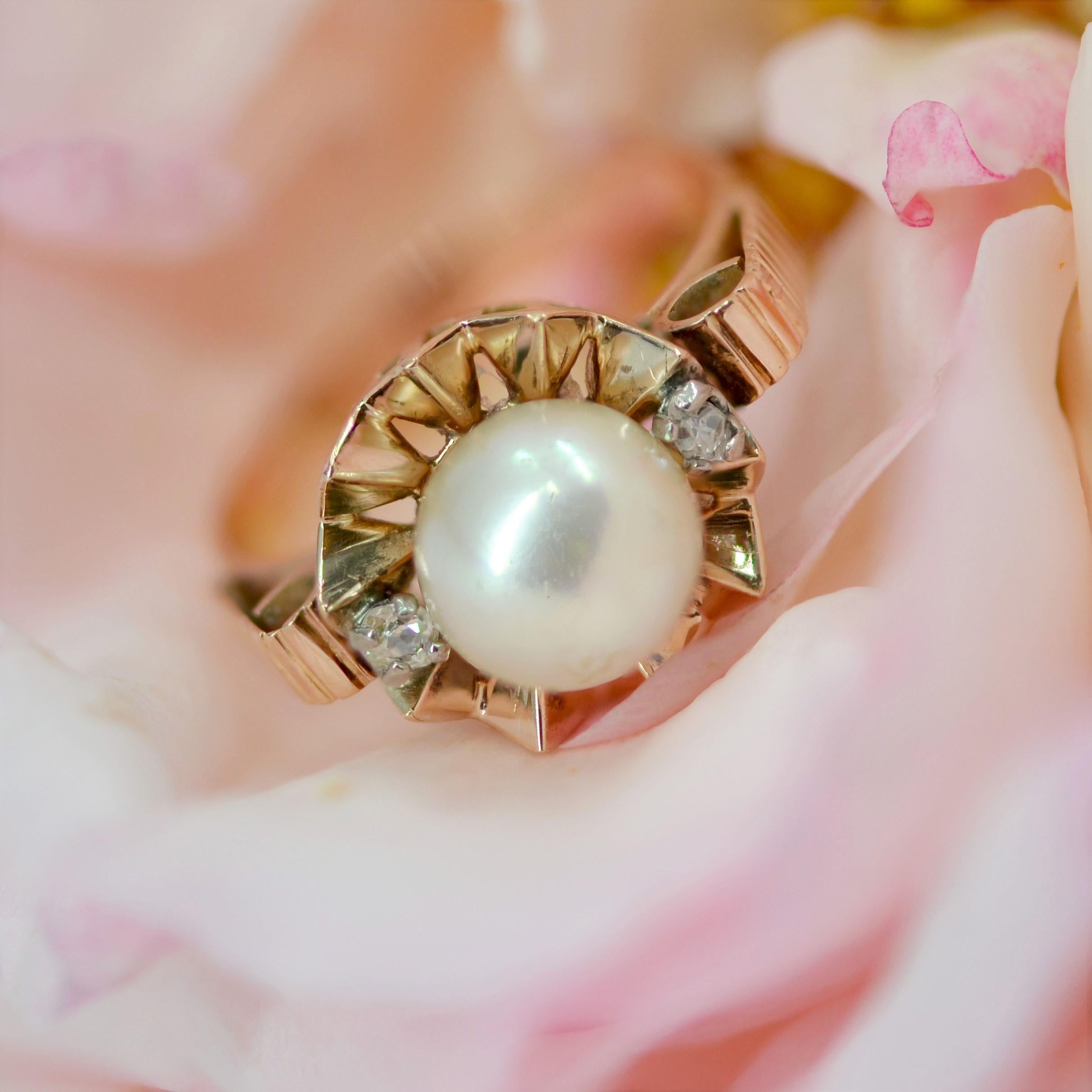 Belle Époque French, 20th Century, Diamond Pearl 18 Karat Rose Gold Crown Ring For Sale