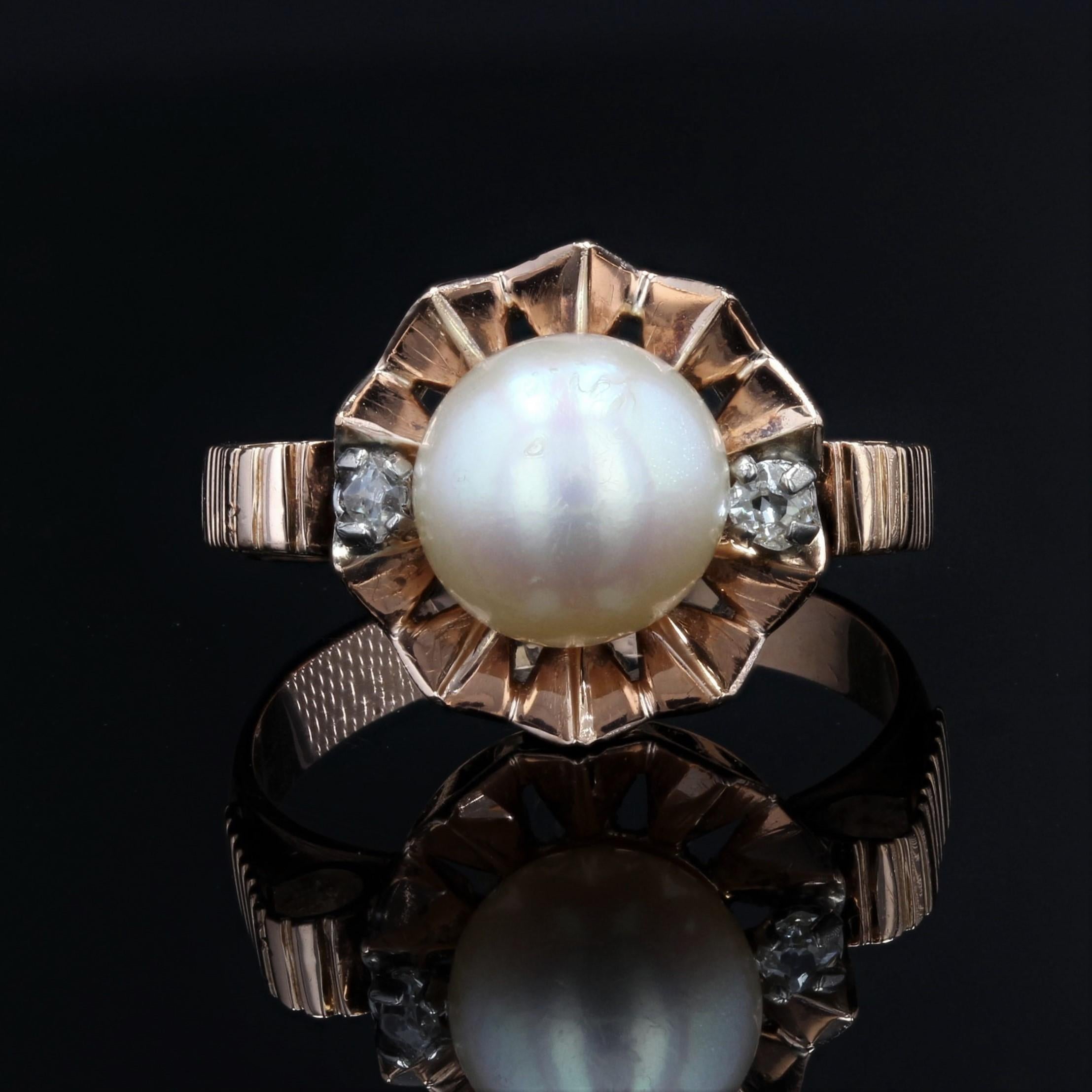 Bead French, 20th Century, Diamond Pearl 18 Karat Rose Gold Crown Ring For Sale