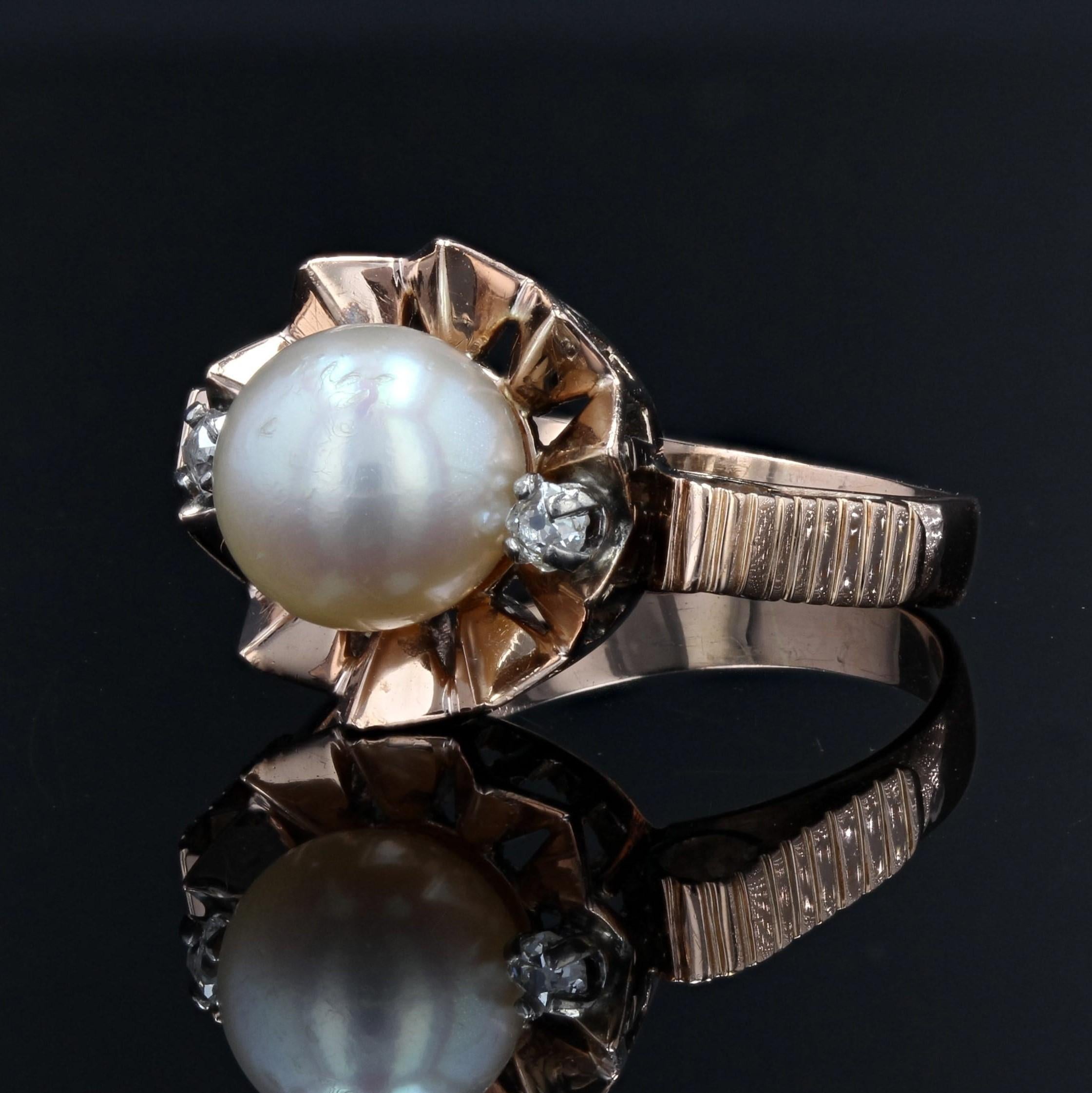 Women's French, 20th Century, Diamond Pearl 18 Karat Rose Gold Crown Ring For Sale