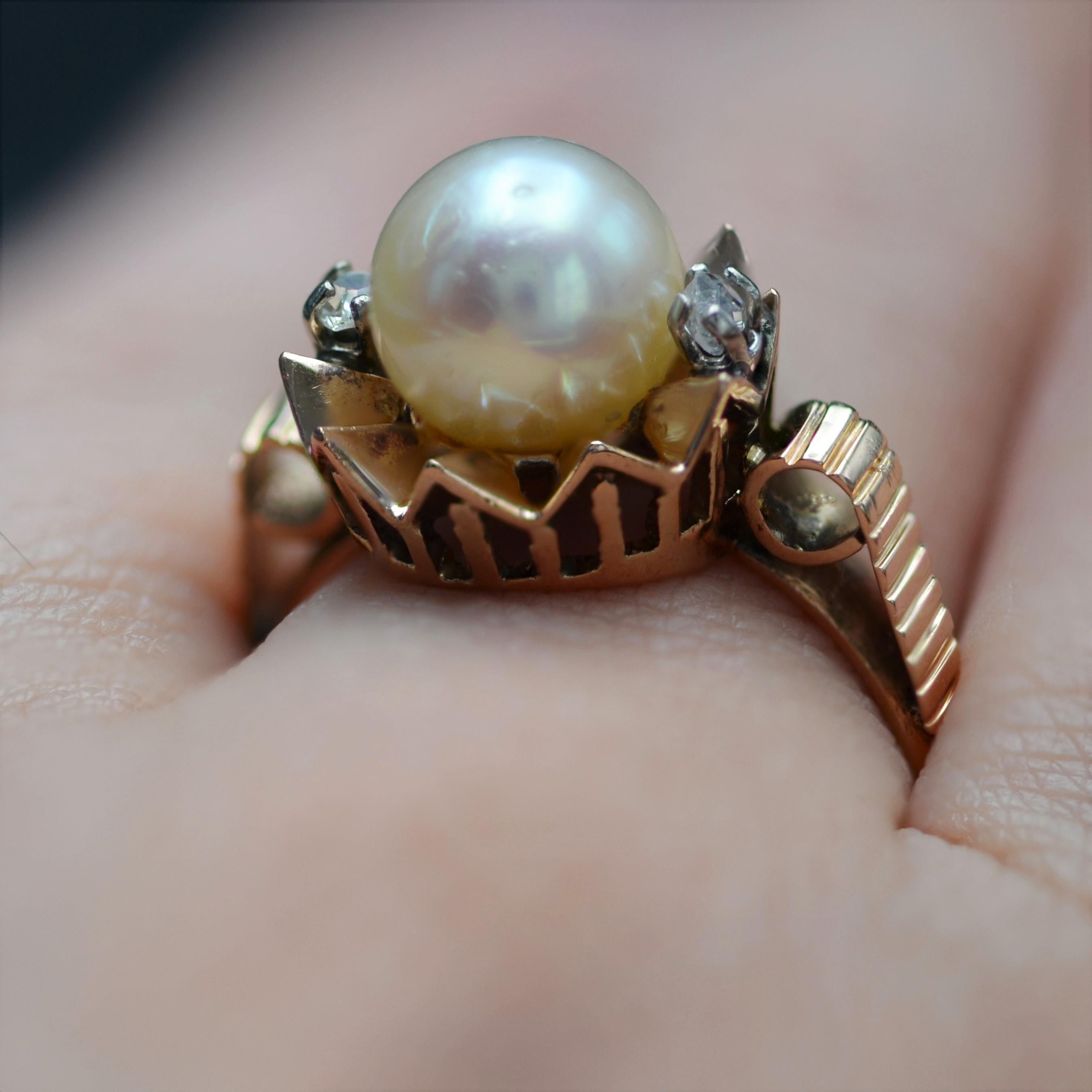 French, 20th Century, Diamond Pearl 18 Karat Rose Gold Crown Ring For Sale 1