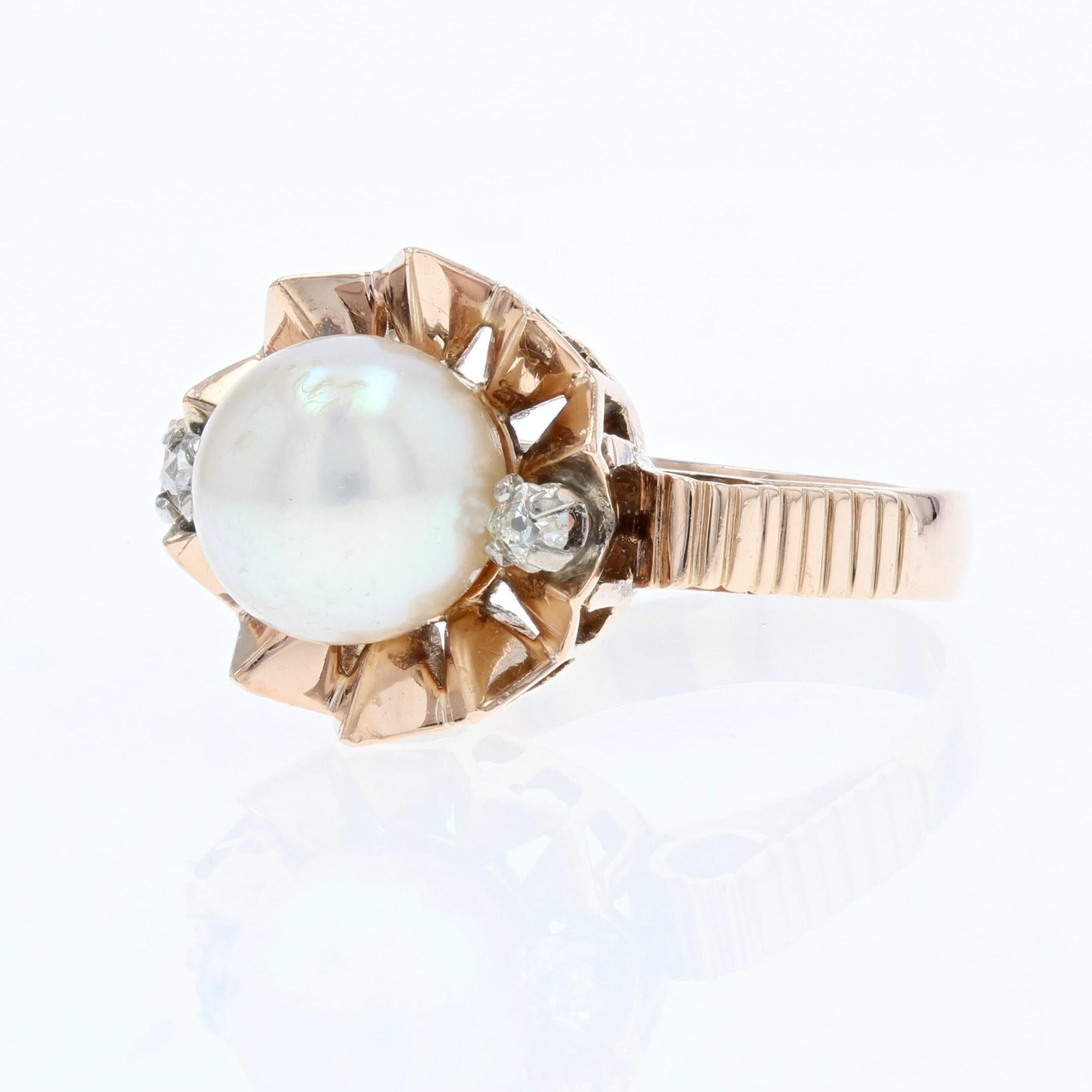 French, 20th Century, Diamond Pearl 18 Karat Rose Gold Crown Ring For Sale 2