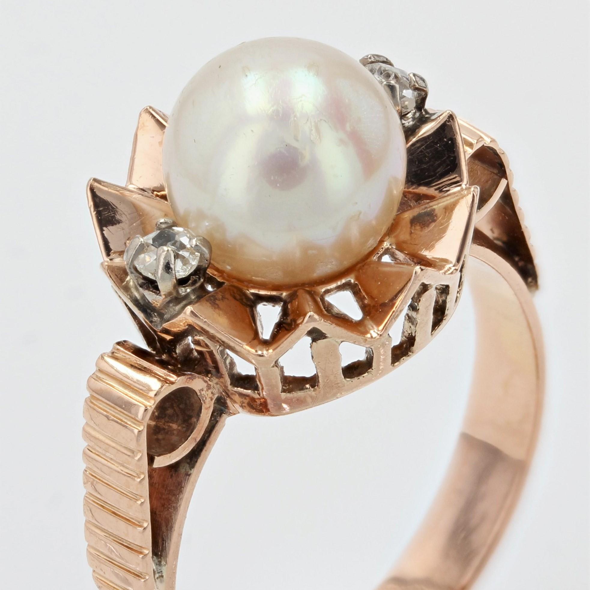 French, 20th Century, Diamond Pearl 18 Karat Rose Gold Crown Ring For Sale 3