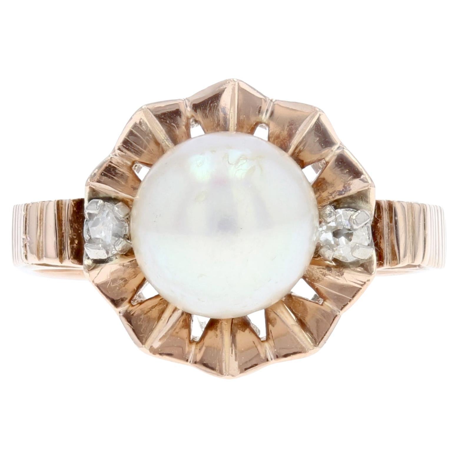 French, 20th Century, Diamond Pearl 18 Karat Rose Gold Crown Ring