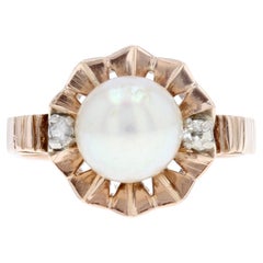 Antique French, 20th Century, Diamond Pearl 18 Karat Rose Gold Crown Ring