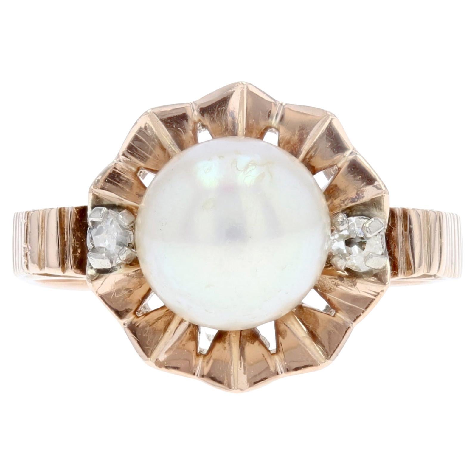 Bague couronne en or rose 18 carats, franaise, 20e sicle, diamant et perle