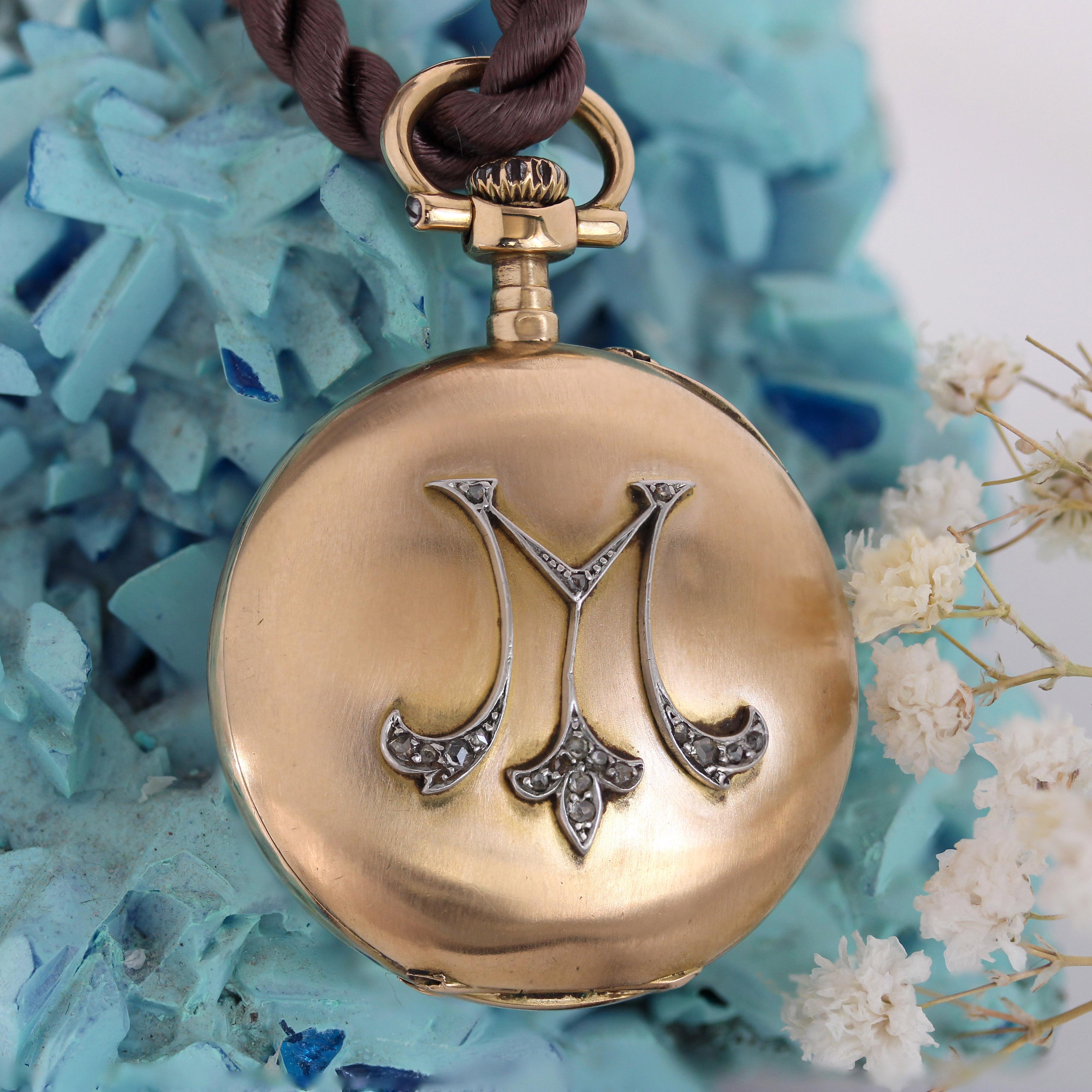Taille rose Pendentif en or rose 18 carats avec diamants pour montre de poche M-One du 20e siècle en vente