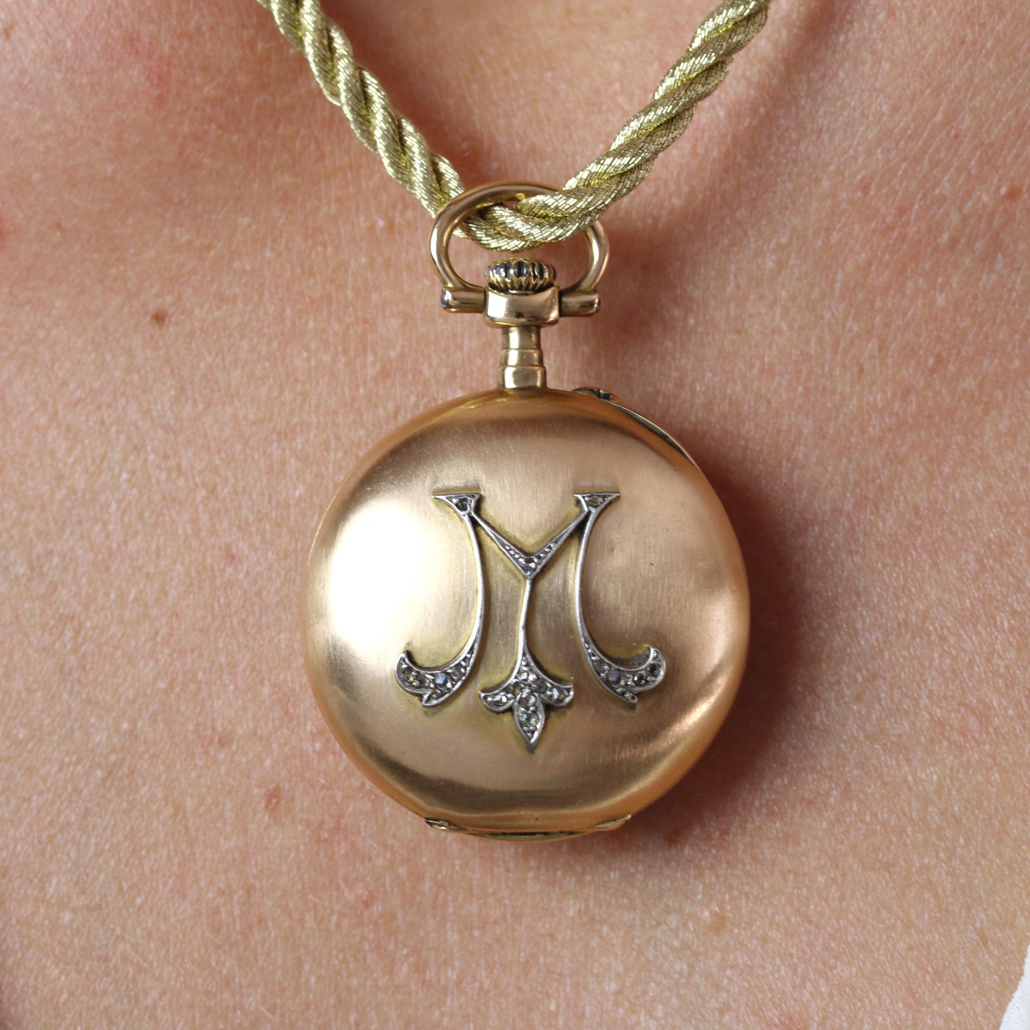 Pendentif en or rose 18 carats avec diamants pour montre de poche M-One du 20e siècle en vente 2