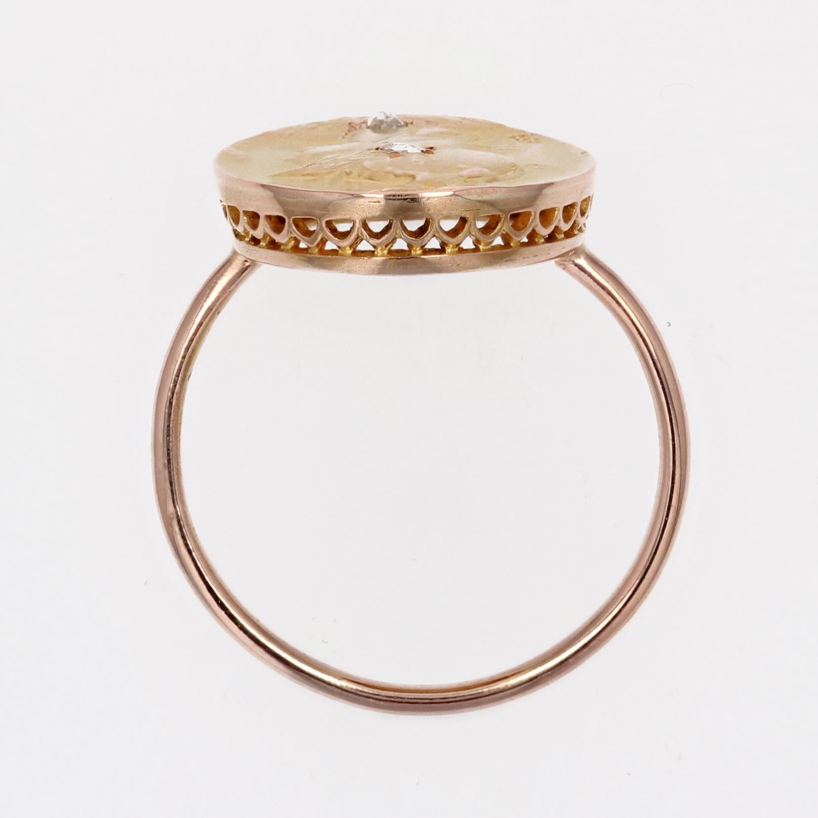 French 20th Century Diamonds 18 Karat Rose Gold Minerva Round Shape Ring For Sale 1