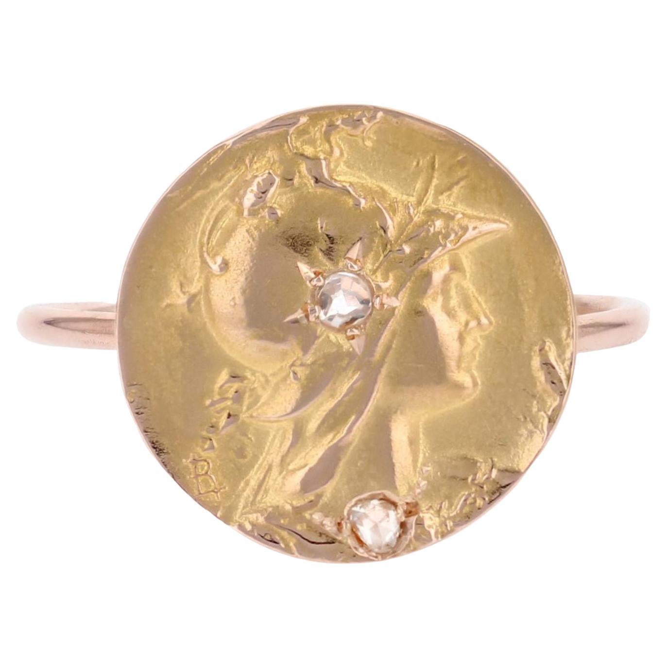 French 20th Century Diamonds 18 Karat Rose Gold Minerva Round Shape Ring For Sale