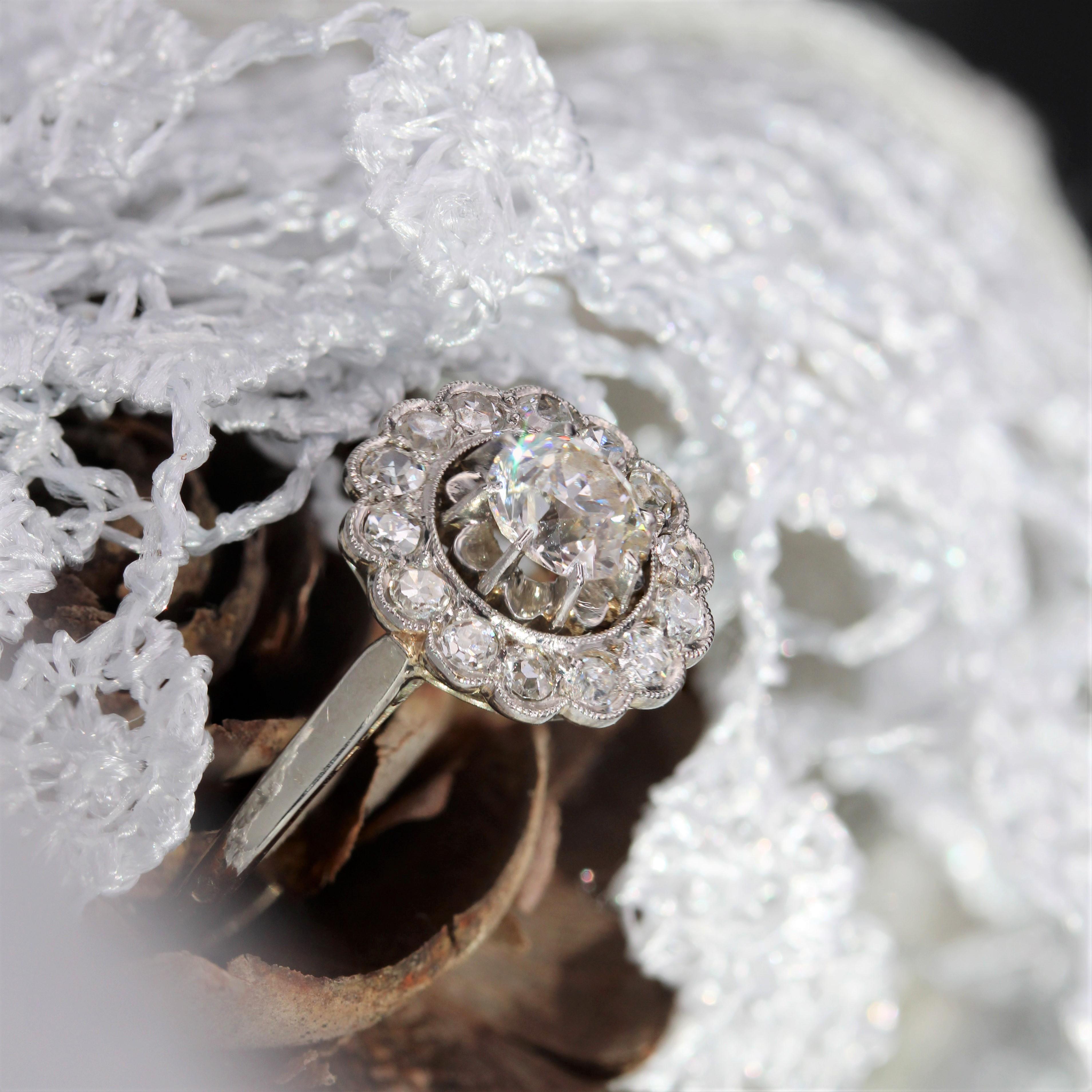 French 20th Century Diamonds 18 Karat White Gold Daisy Ring 4