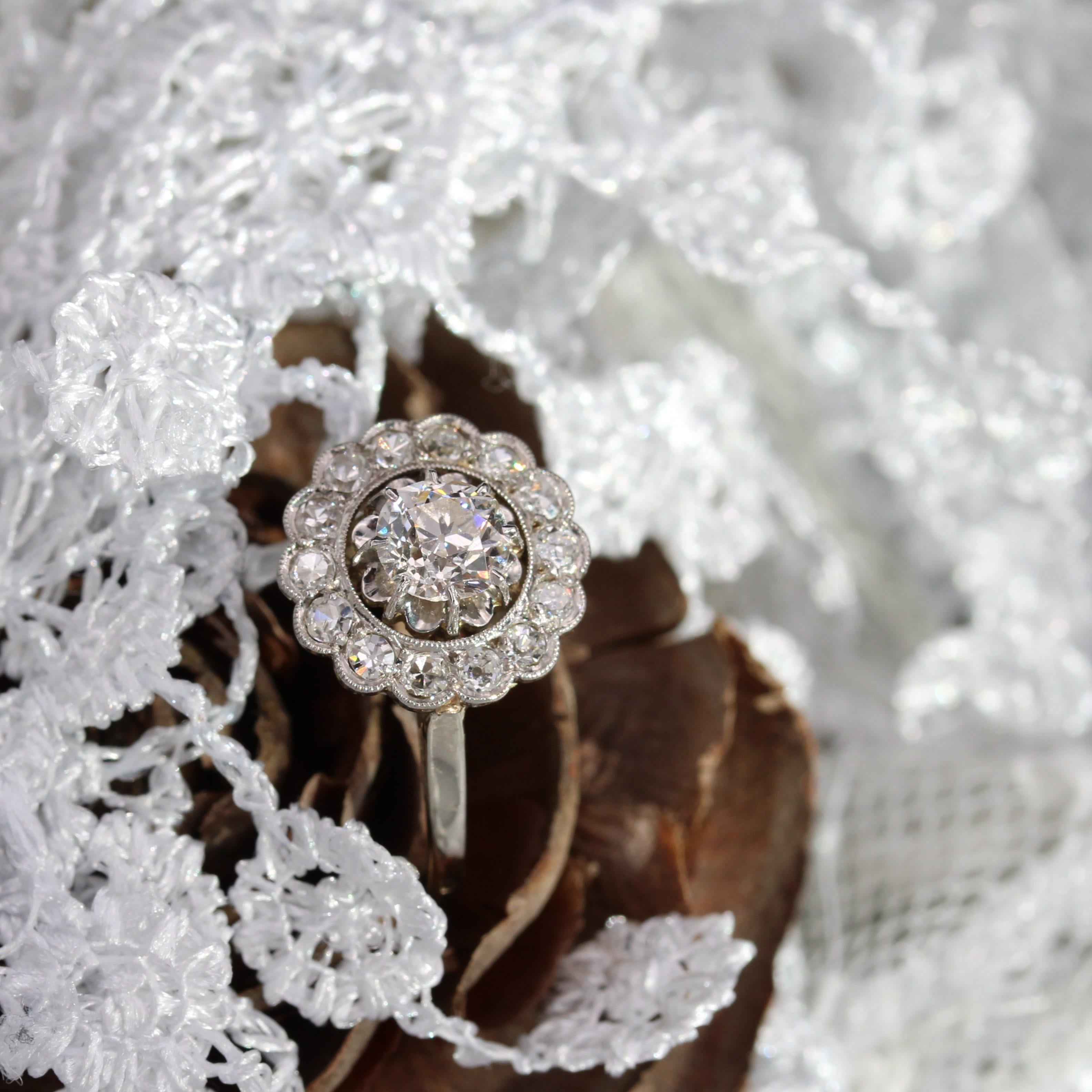 Belle Époque French 20th Century Diamonds 18 Karat White Gold Daisy Ring