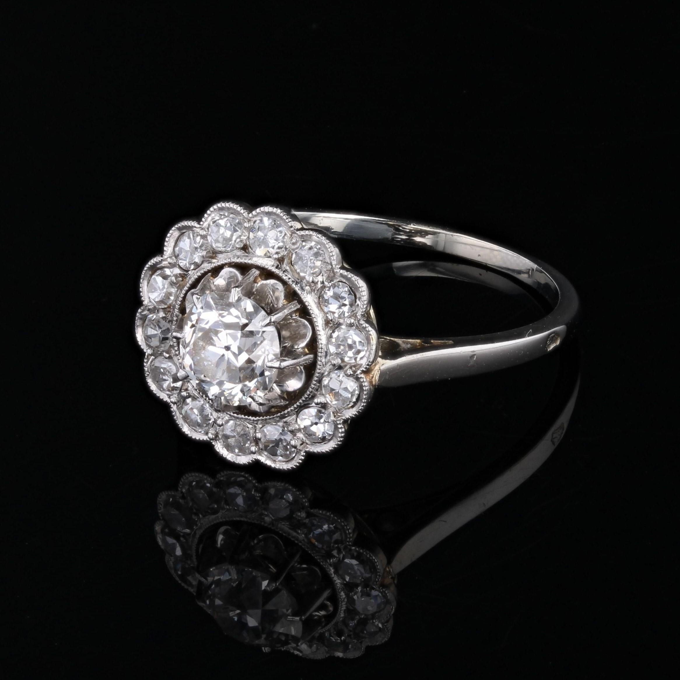French 20th Century Diamonds 18 Karat White Gold Daisy Ring 1