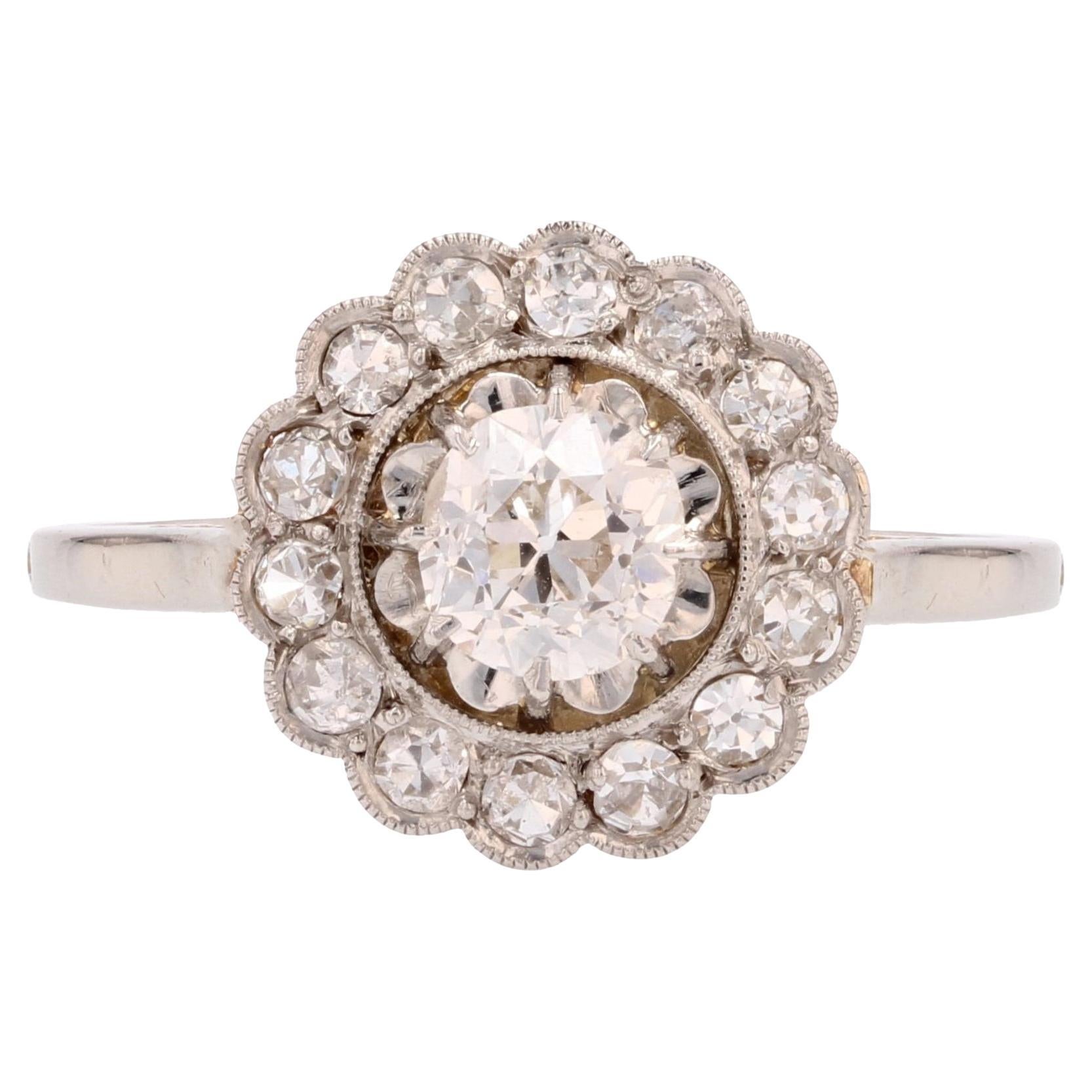 French 20th Century Diamonds 18 Karat White Gold Daisy Ring