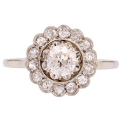 Antique French 20th Century Diamonds 18 Karat White Gold Daisy Ring