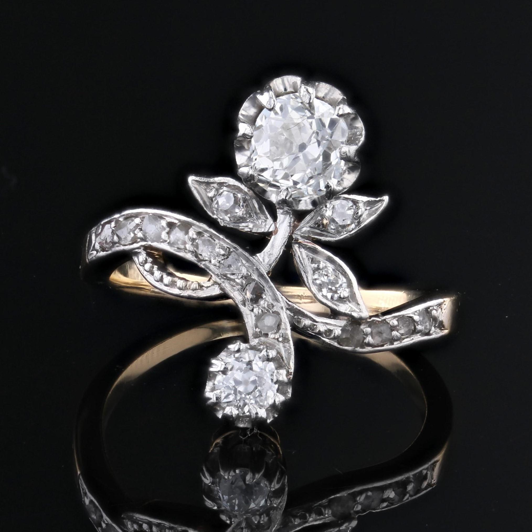 French 20th Century Diamonds 18 Karat Yellow Gold Belle Epoque Floral Ring In Good Condition For Sale In Poitiers, FR