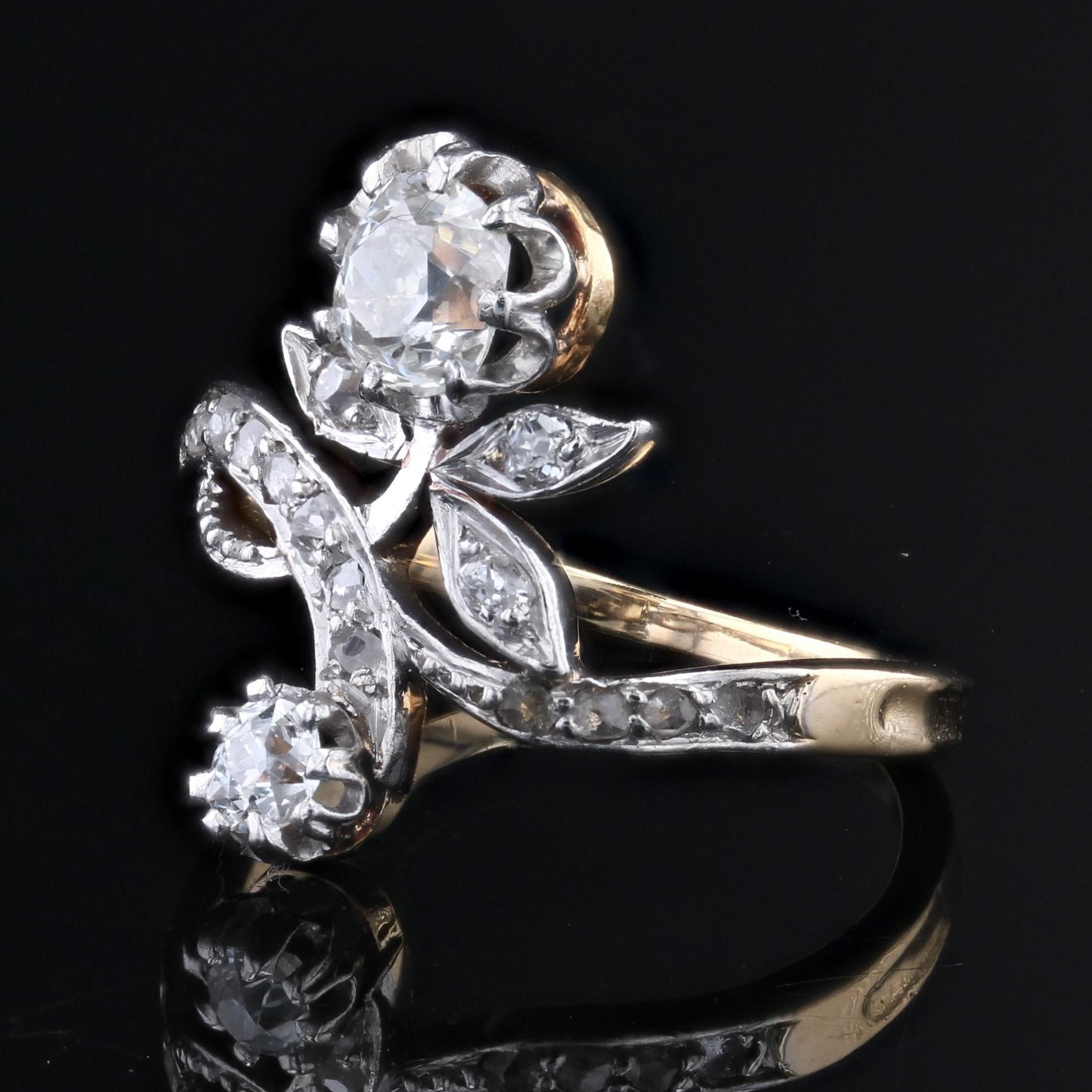 French 20th Century Diamonds 18 Karat Yellow Gold Belle Epoque Floral Ring For Sale 1