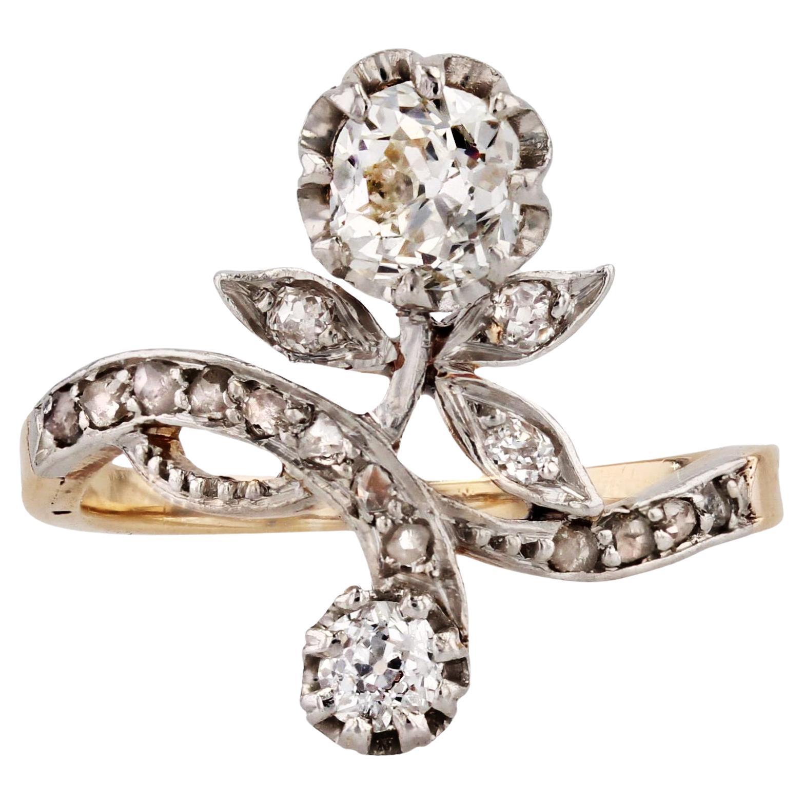 French 20th Century Diamonds 18 Karat Yellow Gold Belle Epoque Floral Ring For Sale