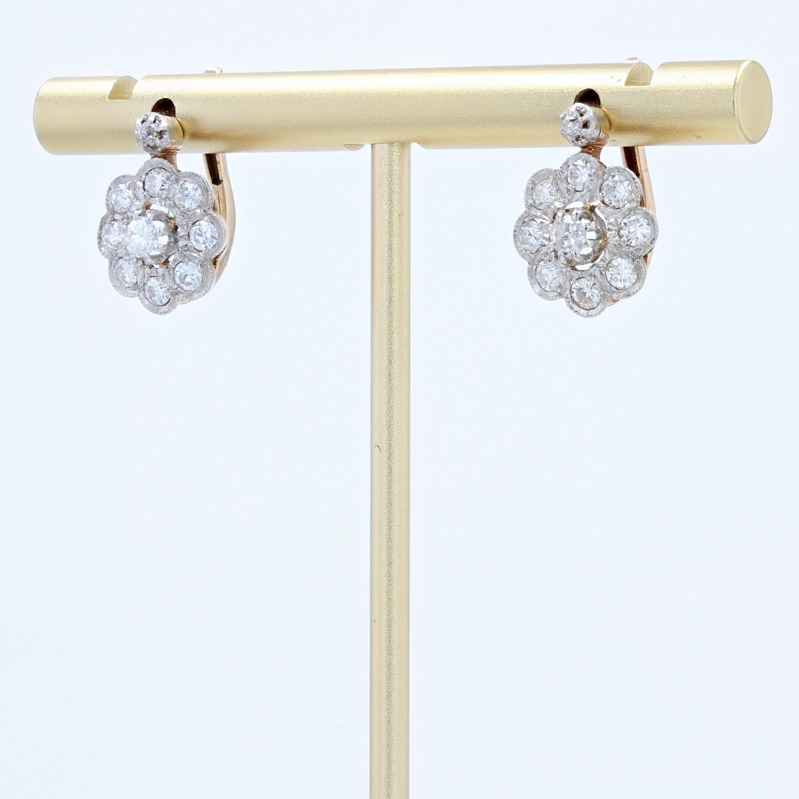 Brilliant Cut French 20th Century Diamonds 18 Karat Yellow Gold Flower Earrings For Sale