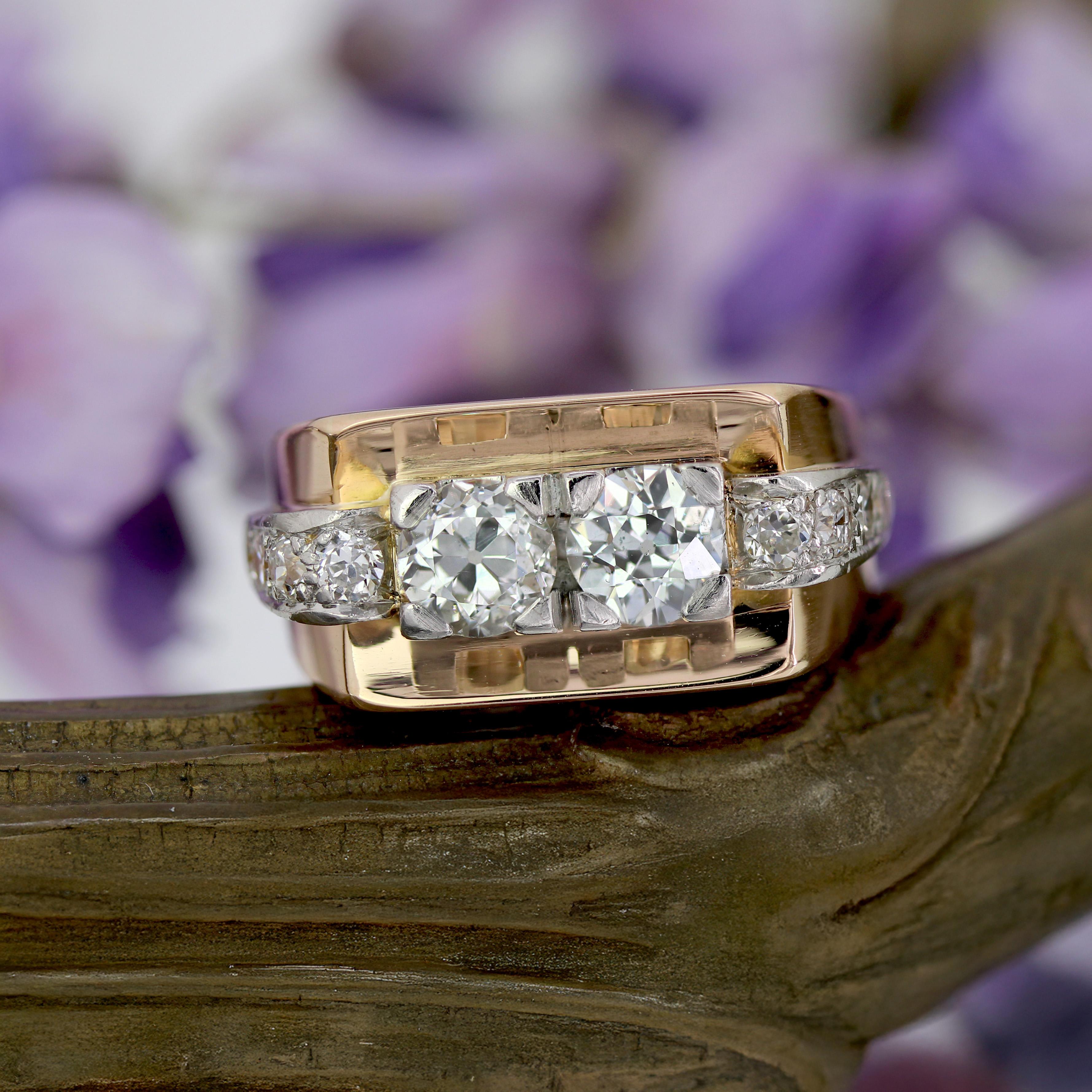 Rétro Bague Tank en or jaune 18 carats avec diamants du 20e siècle en vente