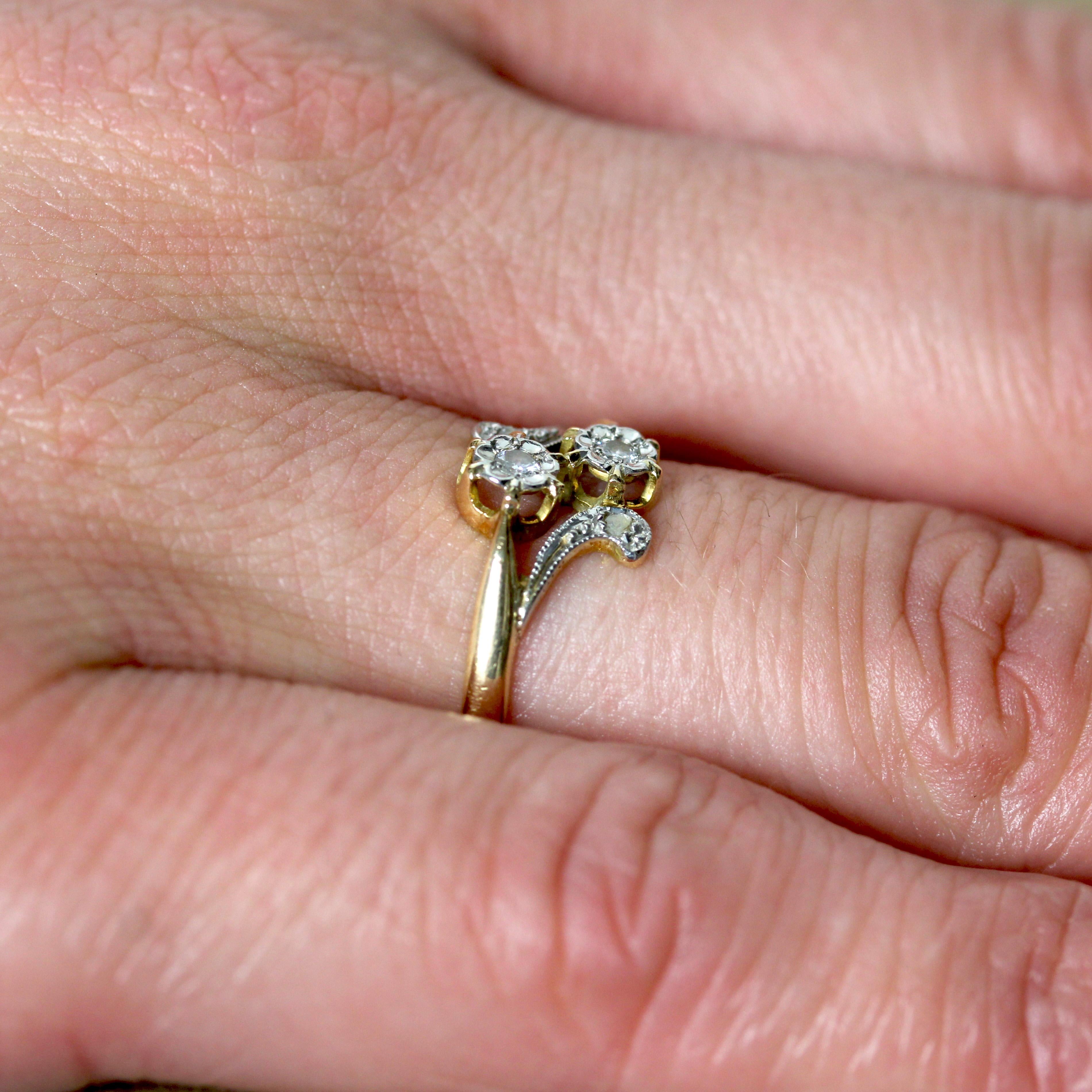 French 20th Century Diamonds 18 Karat Yellow Gold You and Me Ring For Sale 5