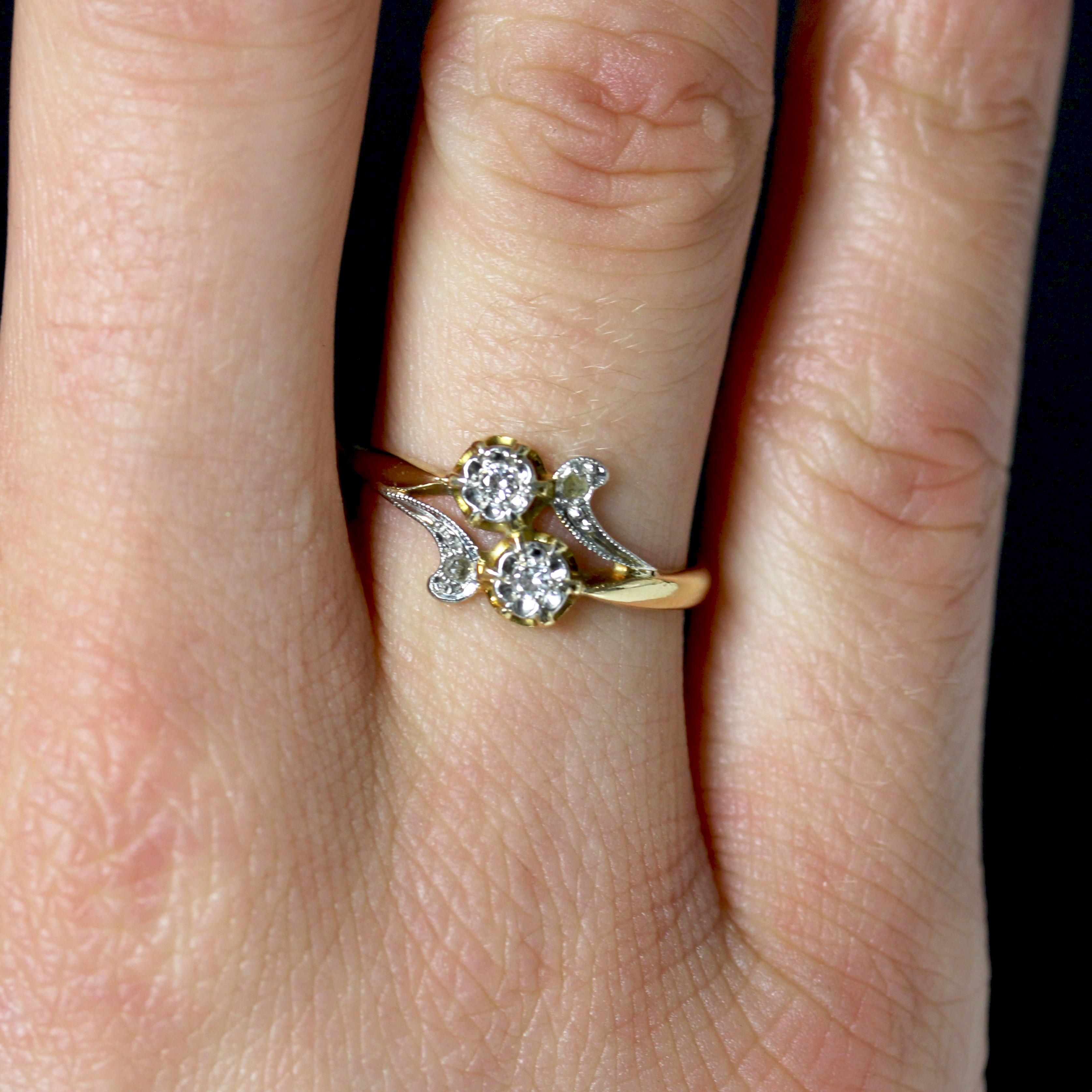 Women's French 20th Century Diamonds 18 Karat Yellow Gold You and Me Ring For Sale