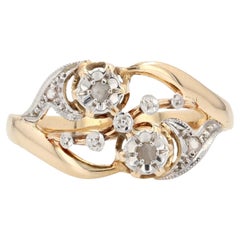 French 20th Century Diamonds 18 Karat Yellow White Gold Floral Pattern Ring