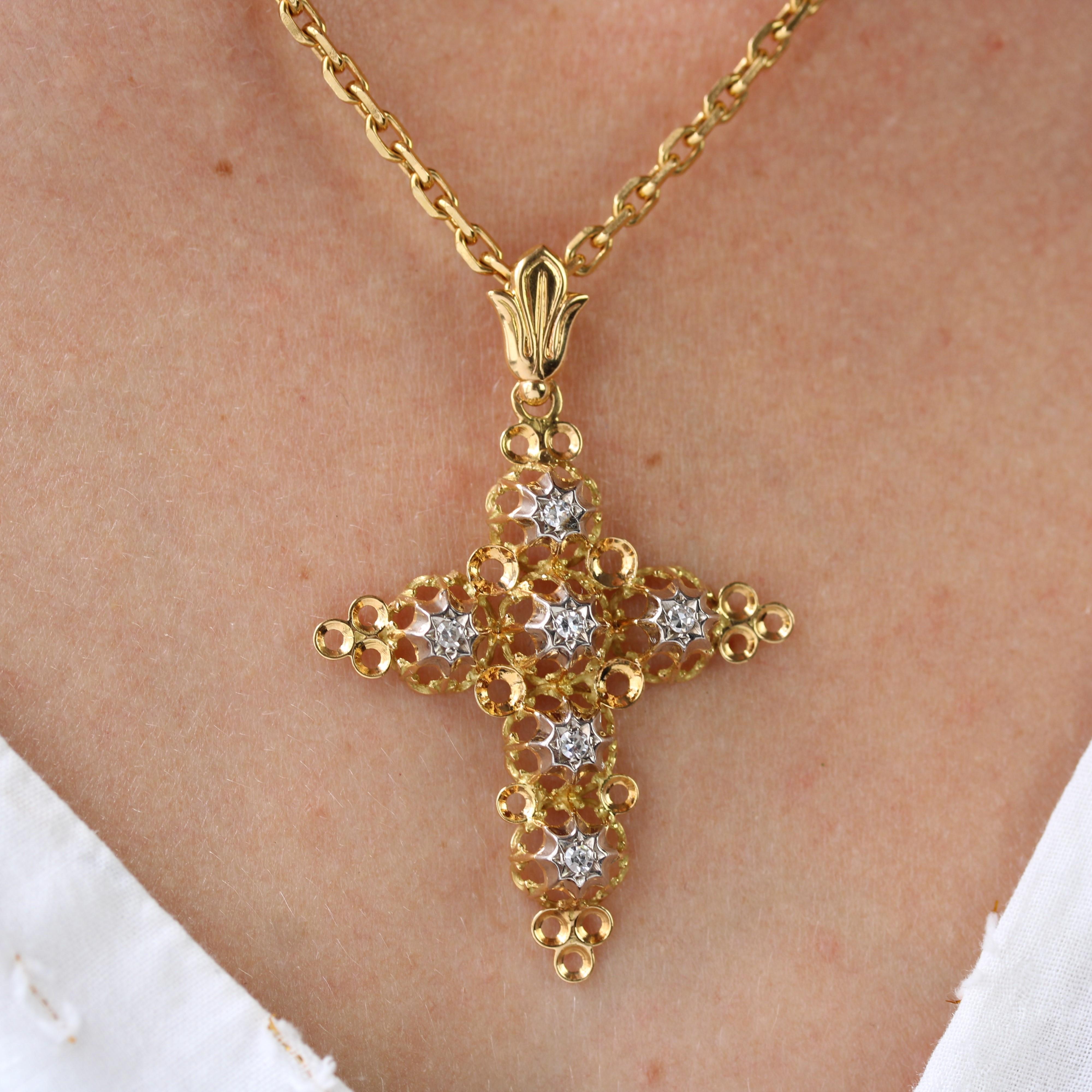 French 20th Century Diamonds 18 Karats Yellow Gold Openwork Cross Pendant 1