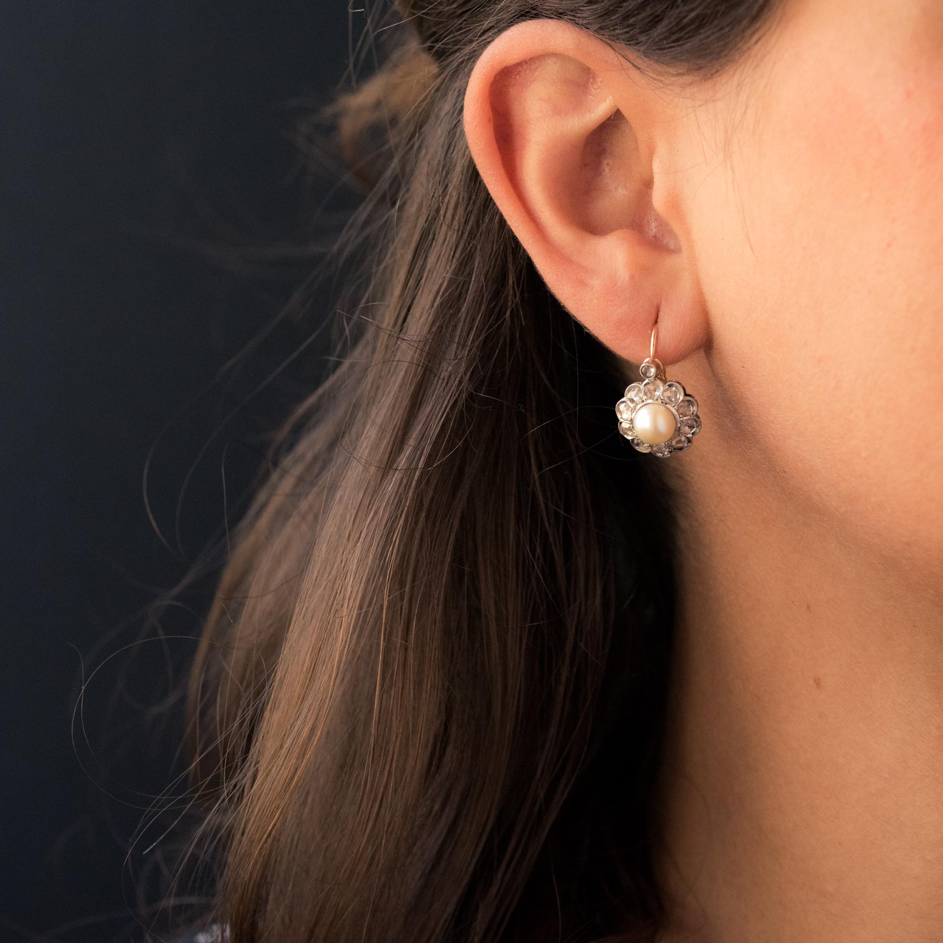 Women's French 20th Century Diamonds Pearls 18 Karat Yellow Gold Lever, Back Earrings