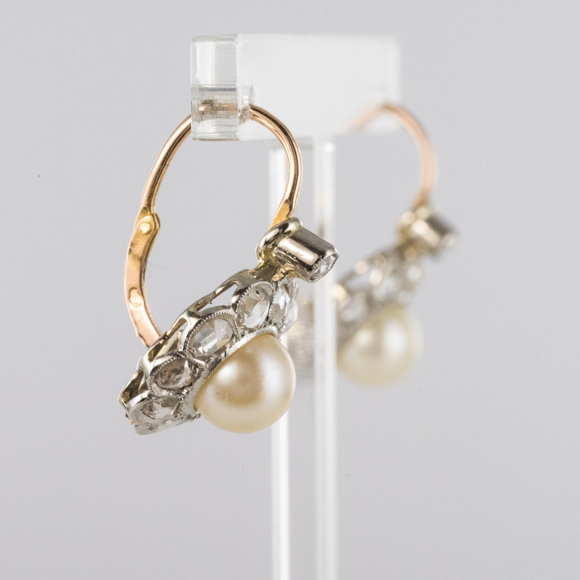 French 20th Century Diamonds Pearls 18 Karat Yellow Gold Lever, Back Earrings 2